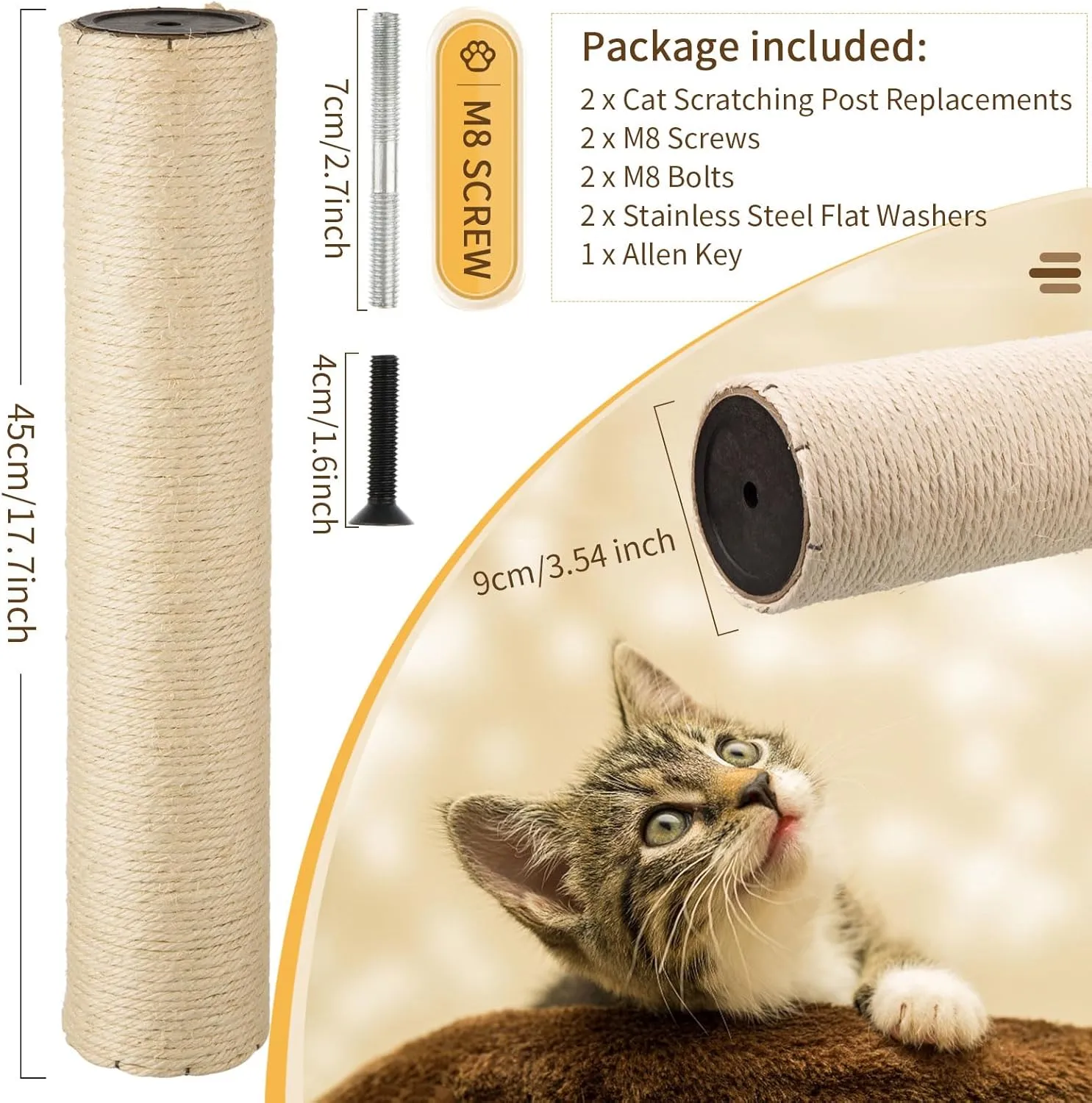 2 Root Cat Scratching Post Replacement 17.72x3.54 Cat Tree Scratch Post Replacement Natural Sisal Pole Cat Scratch Post Refill Pole Part with M8 Screws for Kitten Tree Tower Cat Furniture Accessories
