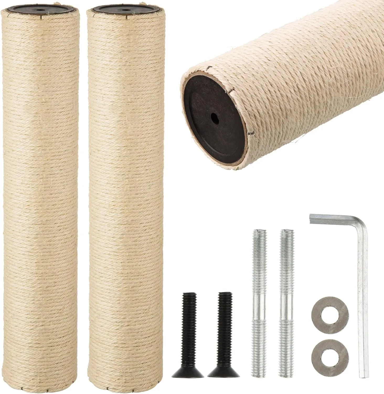 2 Root Cat Scratching Post Replacement 17.72x3.54 Cat Tree Scratch Post Replacement Natural Sisal Pole Cat Scratch Post Refill Pole Part with M8 Screws for Kitten Tree Tower Cat Furniture Accessories