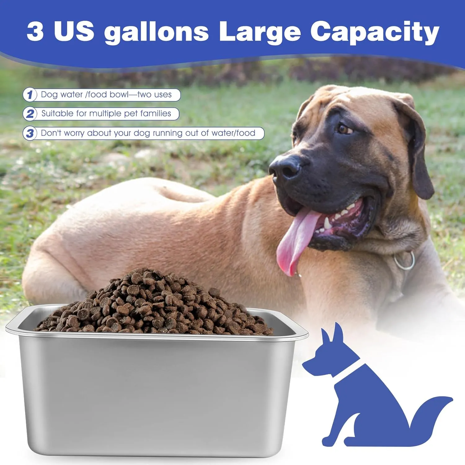 3 Gallons Large Dog Water Bowl, Stainless Steel Metal Dog Bowls, Large Capacity Pet Food Bowl Water Dish for Indoor and Outdoor Universal for Medium to Giant Dogs