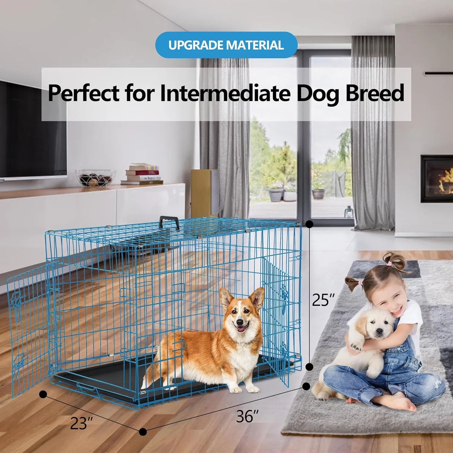 36 Inch Large Dog Crate, Dog Crates for Large Dogs with Double Door & Removable Tray, Portable Dog Crate with Divider Panel, Collapsible Big Dog Cage Pet Crate Large Dog Kennel Indoor Travel, Blue