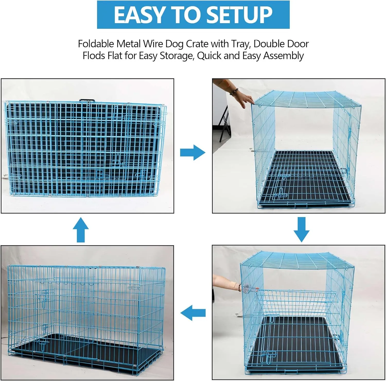 36 Inch Large Dog Crate, Dog Crates for Large Dogs with Double Door & Removable Tray, Portable Dog Crate with Divider Panel, Collapsible Big Dog Cage Pet Crate Large Dog Kennel Indoor Travel, Blue