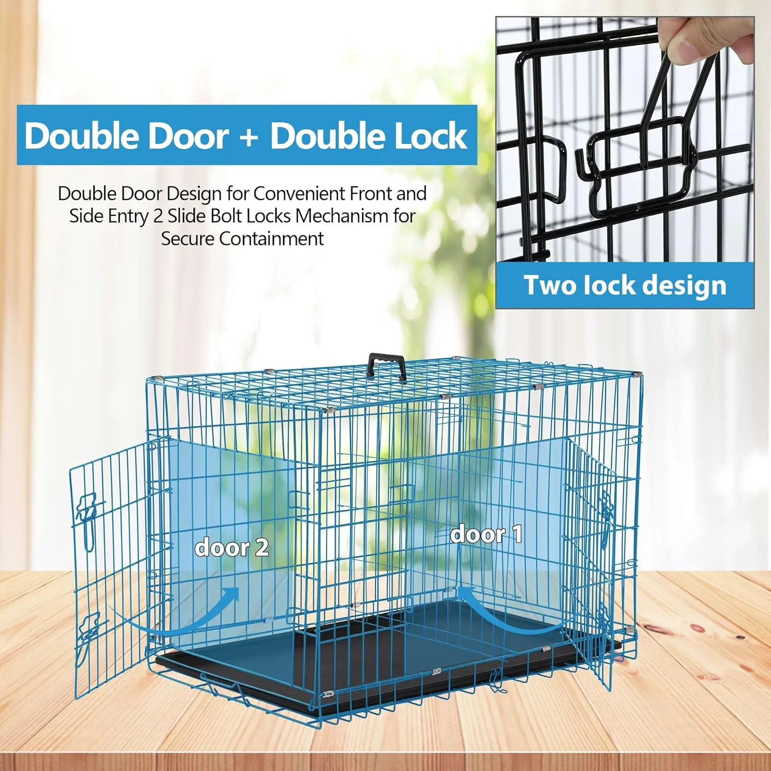 36 Inch Large Dog Crate, Dog Crates for Large Dogs with Double Door & Removable Tray, Portable Dog Crate with Divider Panel, Collapsible Big Dog Cage Pet Crate Large Dog Kennel Indoor Travel, Blue