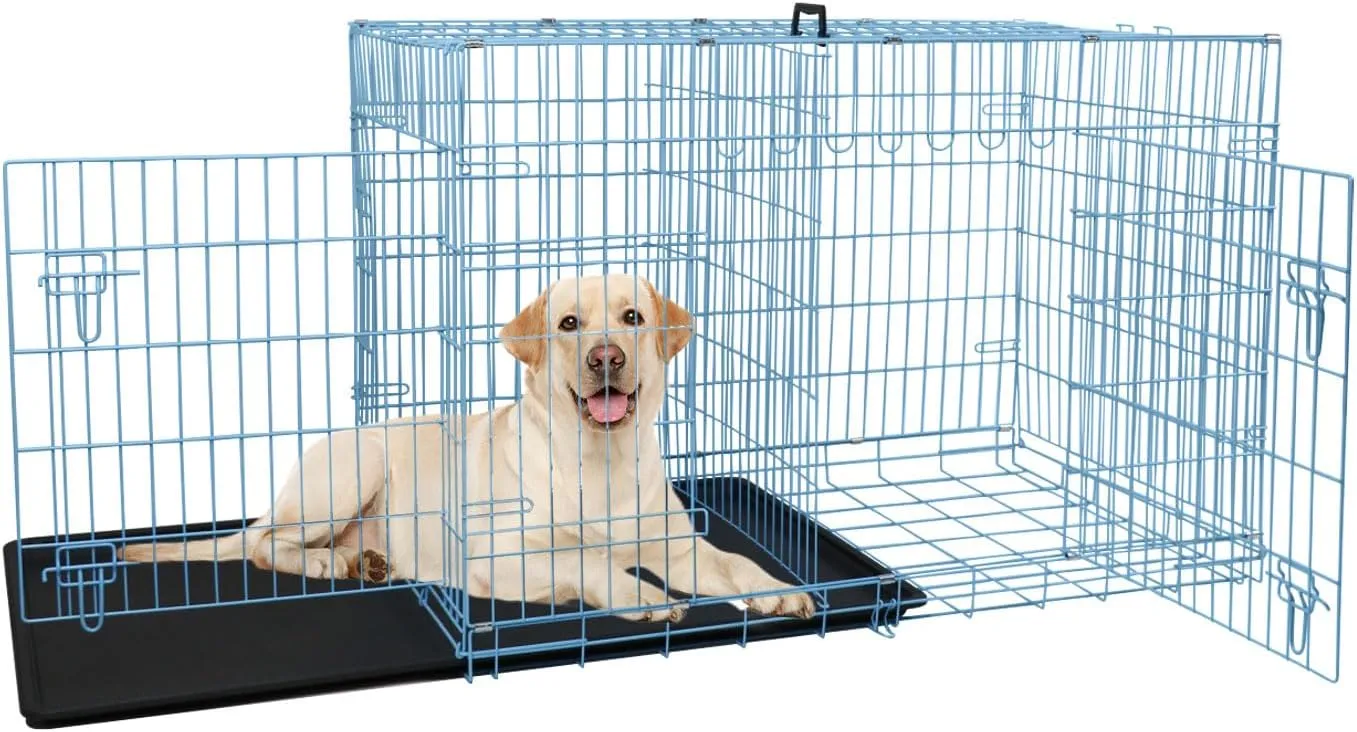 36 Inch Large Dog Crate, Dog Crates for Large Dogs with Double Door & Removable Tray, Portable Dog Crate with Divider Panel, Collapsible Big Dog Cage Pet Crate Large Dog Kennel Indoor Travel, Blue