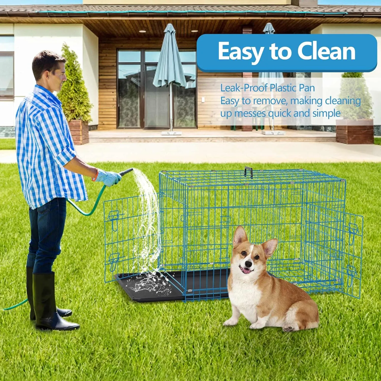 36 Inch Large Dog Crate, Dog Crates for Large Dogs with Double Door & Removable Tray, Portable Dog Crate with Divider Panel, Collapsible Big Dog Cage Pet Crate Large Dog Kennel Indoor Travel, Blue