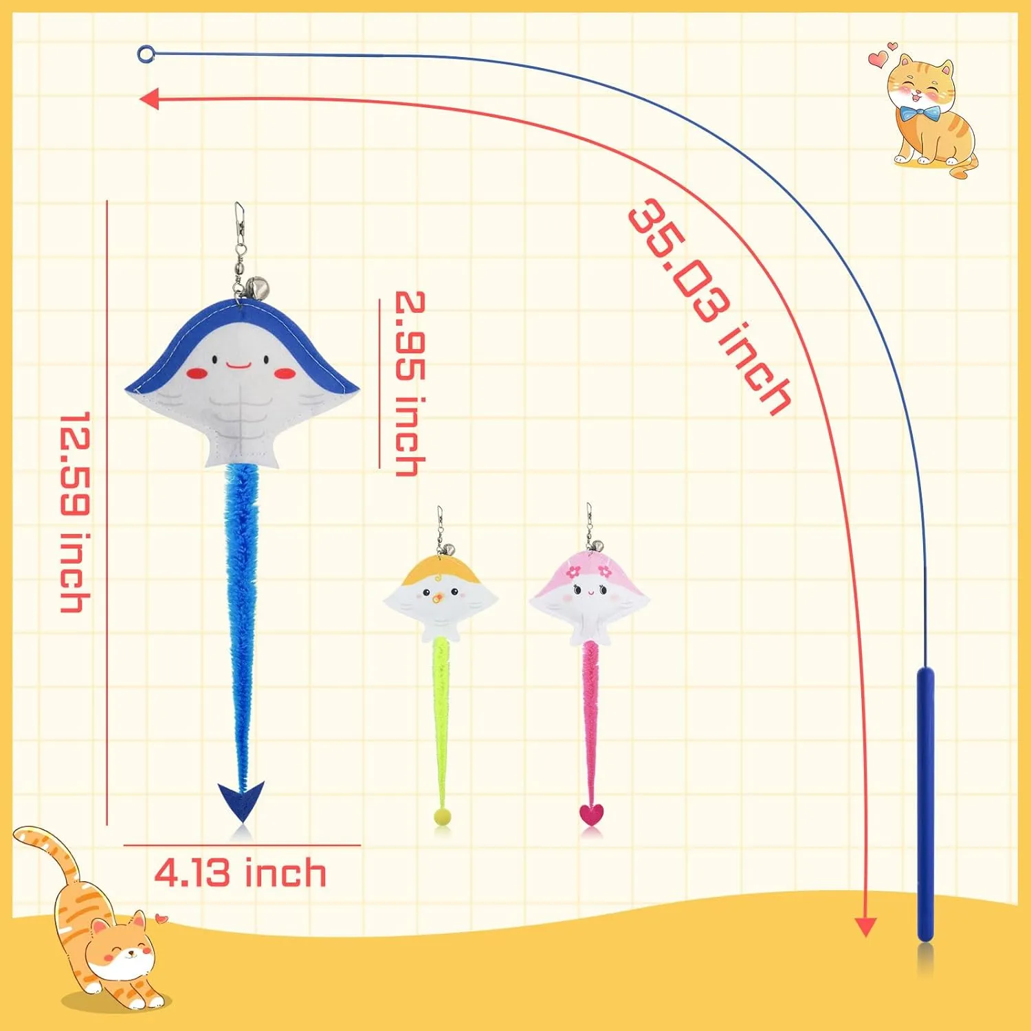 Andiker Cat Wand Toy, 35 in Long Flexible Stick with Cute Fish Shape Bell Wand Refill Cat Fishing Pole Toy Interactive Cat Toy for Indoor Cats Kittens to Pounce Chase Keep Fit (Blue)