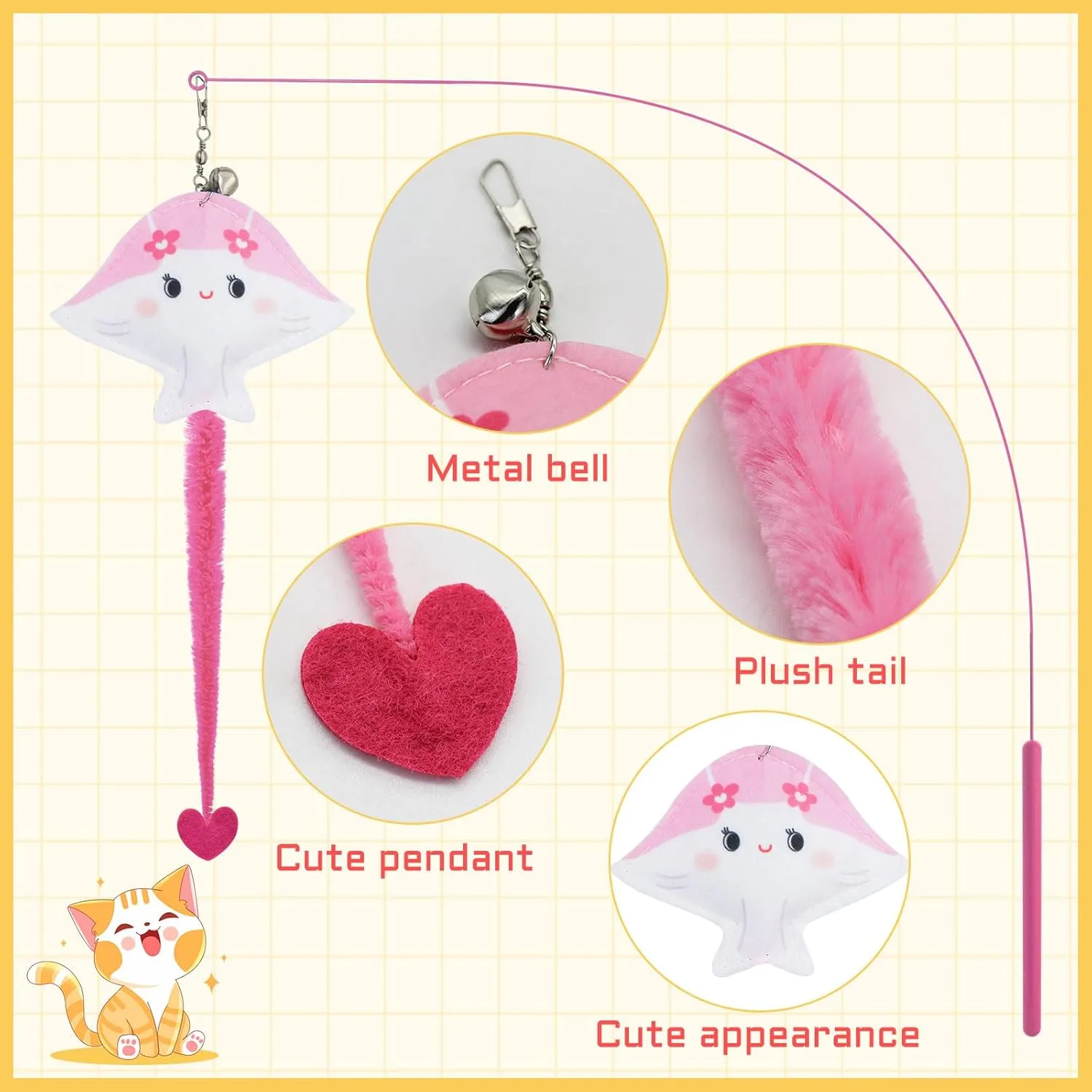 Andiker Cat Wand Toy, 35 in Long Flexible Stick with Cute Fish Shape Bell Wand Refill Cat Fishing Pole Toy Interactive Cat Toy for Indoor Cats Kittens to Pounce Chase Keep Fit (Pink)