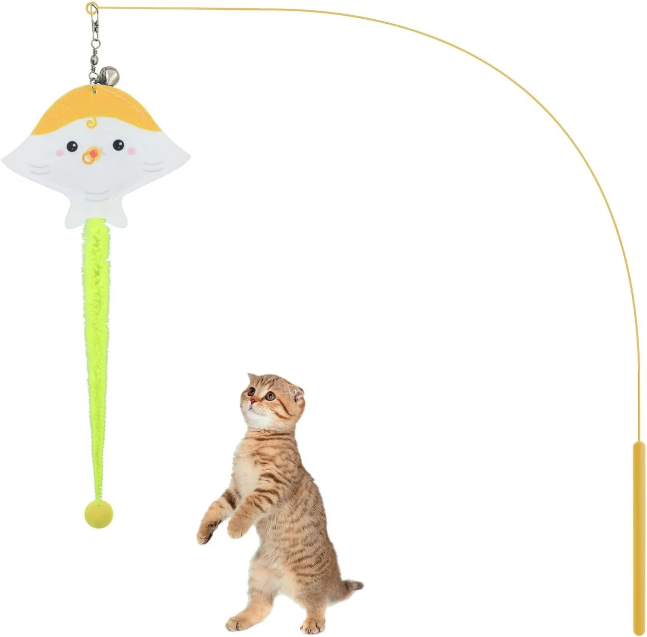 Andiker Cat Wand Toy, 35 in Long Flexible Stick with Cute Fish Shape Bell Wand Refill Cat Fishing Pole Toy Interactive Cat Toy for Indoor Cats Kittens to Pounce Chase Keep Fit (Yellow)