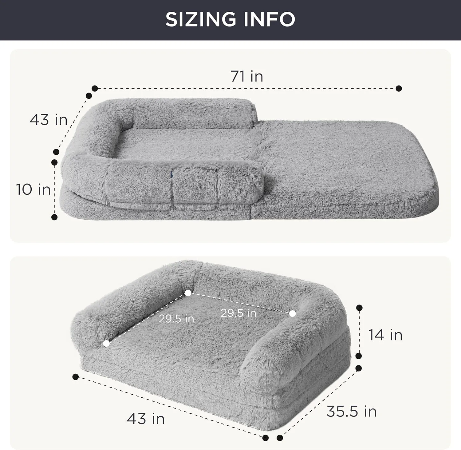 Bedsure Foldable Human & Dog Bed, 2 in 1 Calming Human Size Giant Bed Fits Pet Families with Egg Foam Supportive Mat and Waterproof Liner, Faux Fur Orthopedic Dog Sofa, Light Grey