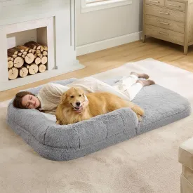 Bedsure Foldable Human & Dog Bed, 2 in 1 Calming Human Size Giant Bed Fits Pet Families with Egg Foam Supportive Mat and Waterproof Liner, Faux Fur Orthopedic Dog Sofa, Light Grey