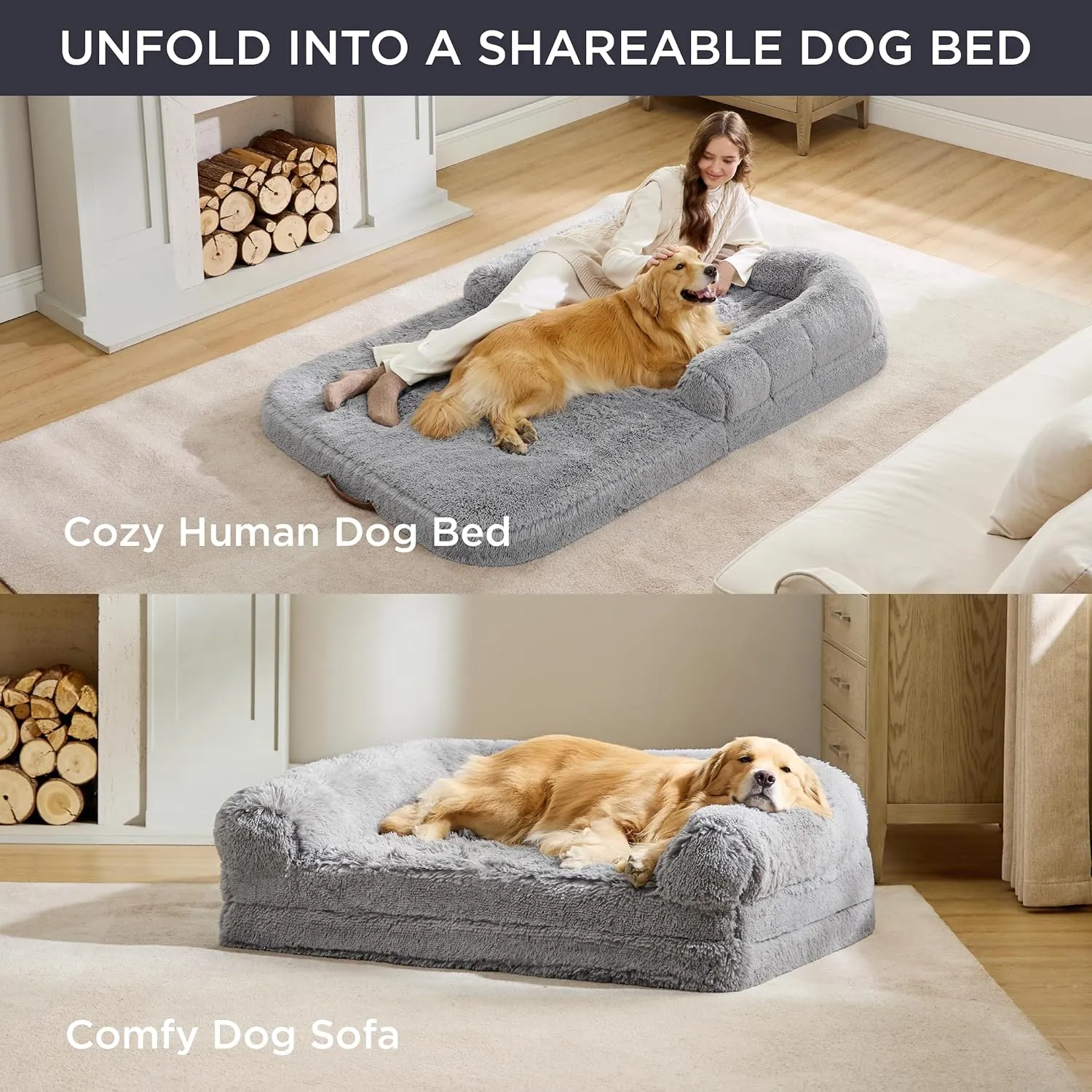 Bedsure Foldable Human & Dog Bed, 2 in 1 Calming Human Size Giant Bed Fits Pet Families with Egg Foam Supportive Mat and Waterproof Liner, Faux Fur Orthopedic Dog Sofa, Light Grey