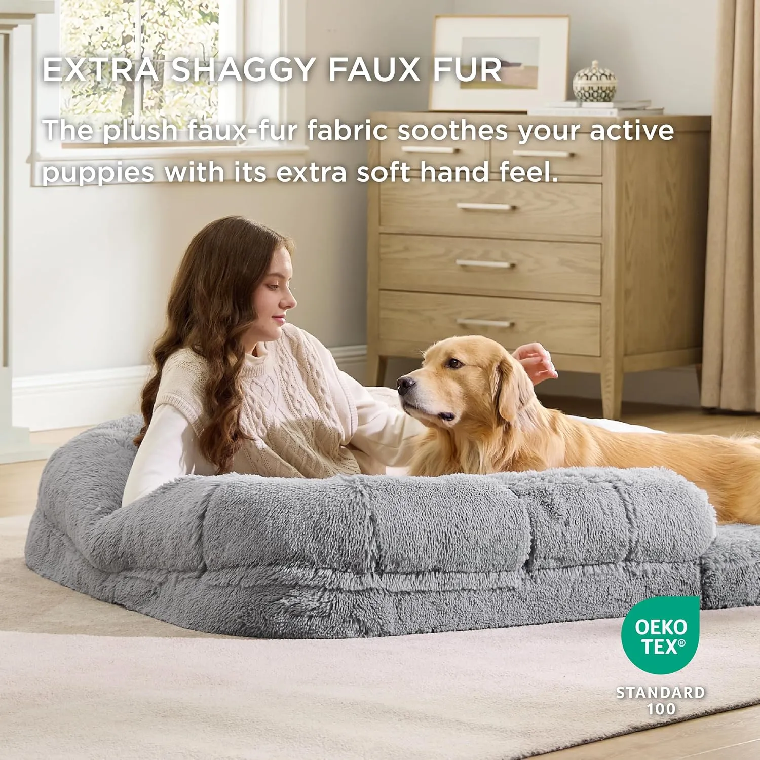 Bedsure Foldable Human & Dog Bed, 2 in 1 Calming Human Size Giant Bed Fits Pet Families with Egg Foam Supportive Mat and Waterproof Liner, Faux Fur Orthopedic Dog Sofa, Light Grey