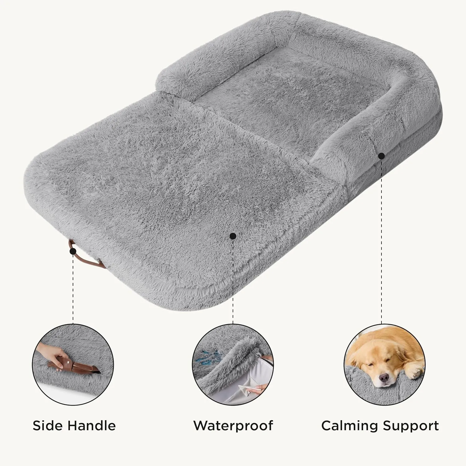 Bedsure Foldable Human & Dog Bed, 2 in 1 Calming Human Size Giant Bed Fits Pet Families with Egg Foam Supportive Mat and Waterproof Liner, Faux Fur Orthopedic Dog Sofa, Light Grey