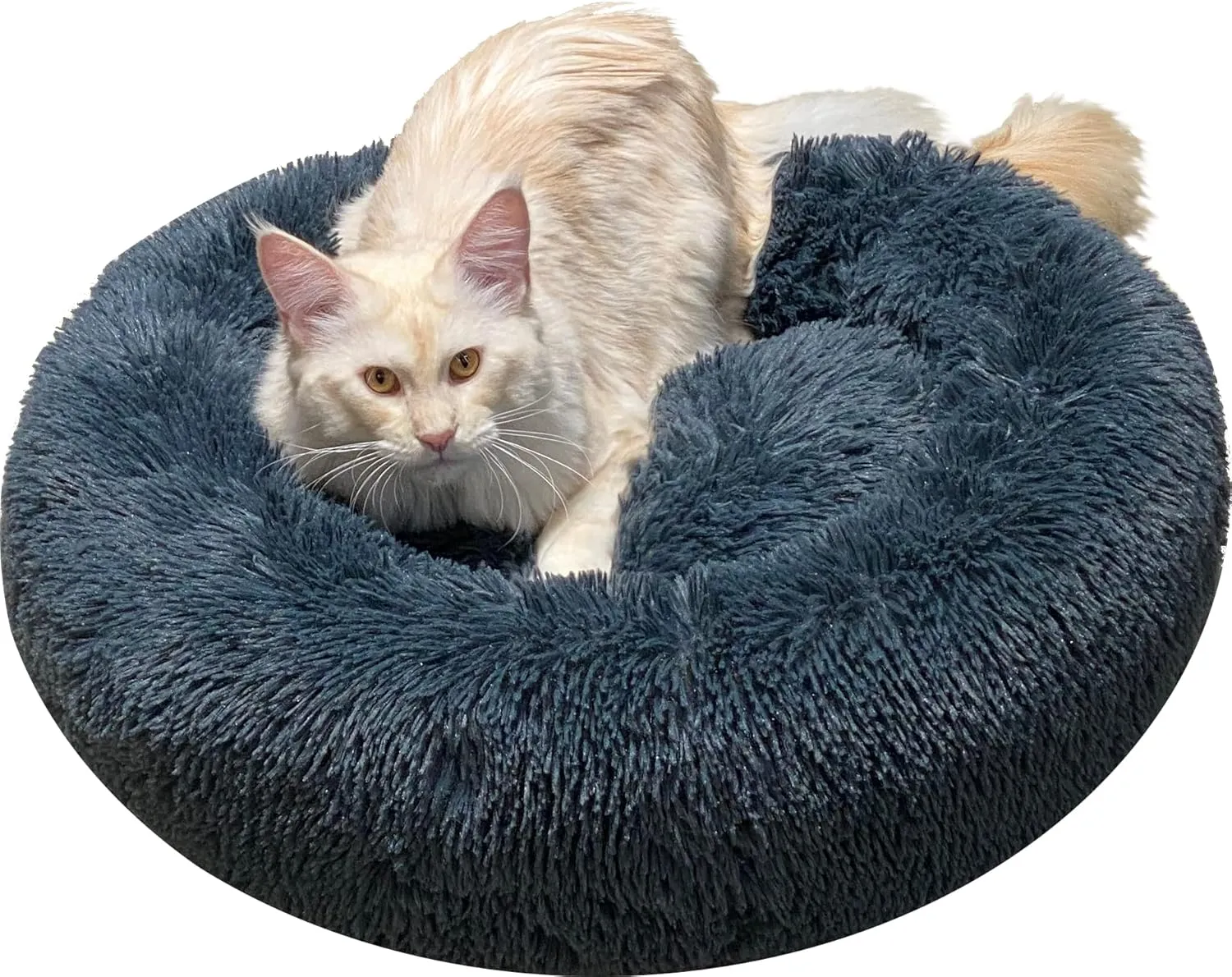 Calming Donut Dog Beds, 32 inches Round Cushion with Removable Washable Cover, Anti-Anxiety Faux Fur Cuddler, Fluffy Comfy Furry Pet Bed (Dark-Grey, 32")