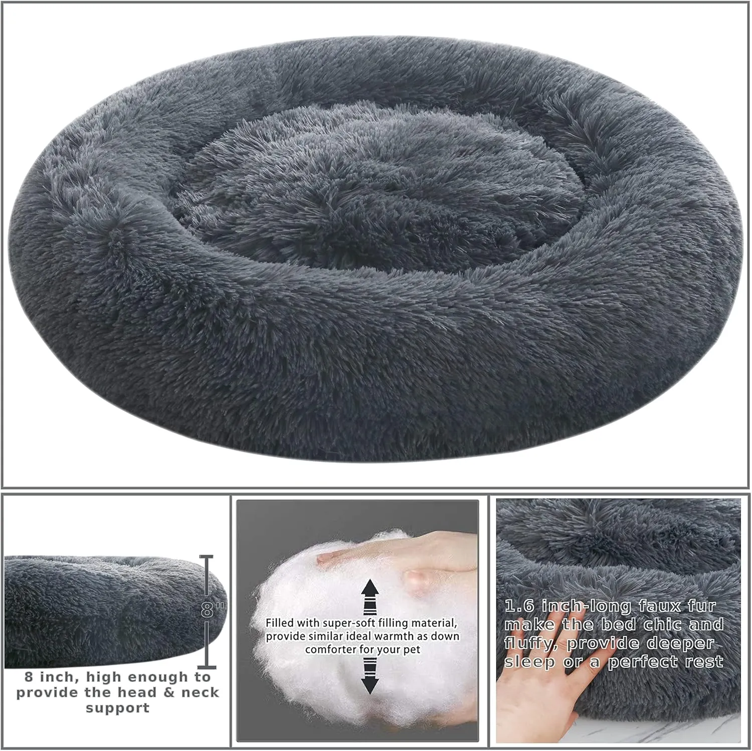 Calming Donut Dog Beds, 32 inches Round Cushion with Removable Washable Cover, Anti-Anxiety Faux Fur Cuddler, Fluffy Comfy Furry Pet Bed (Dark-Grey, 32")