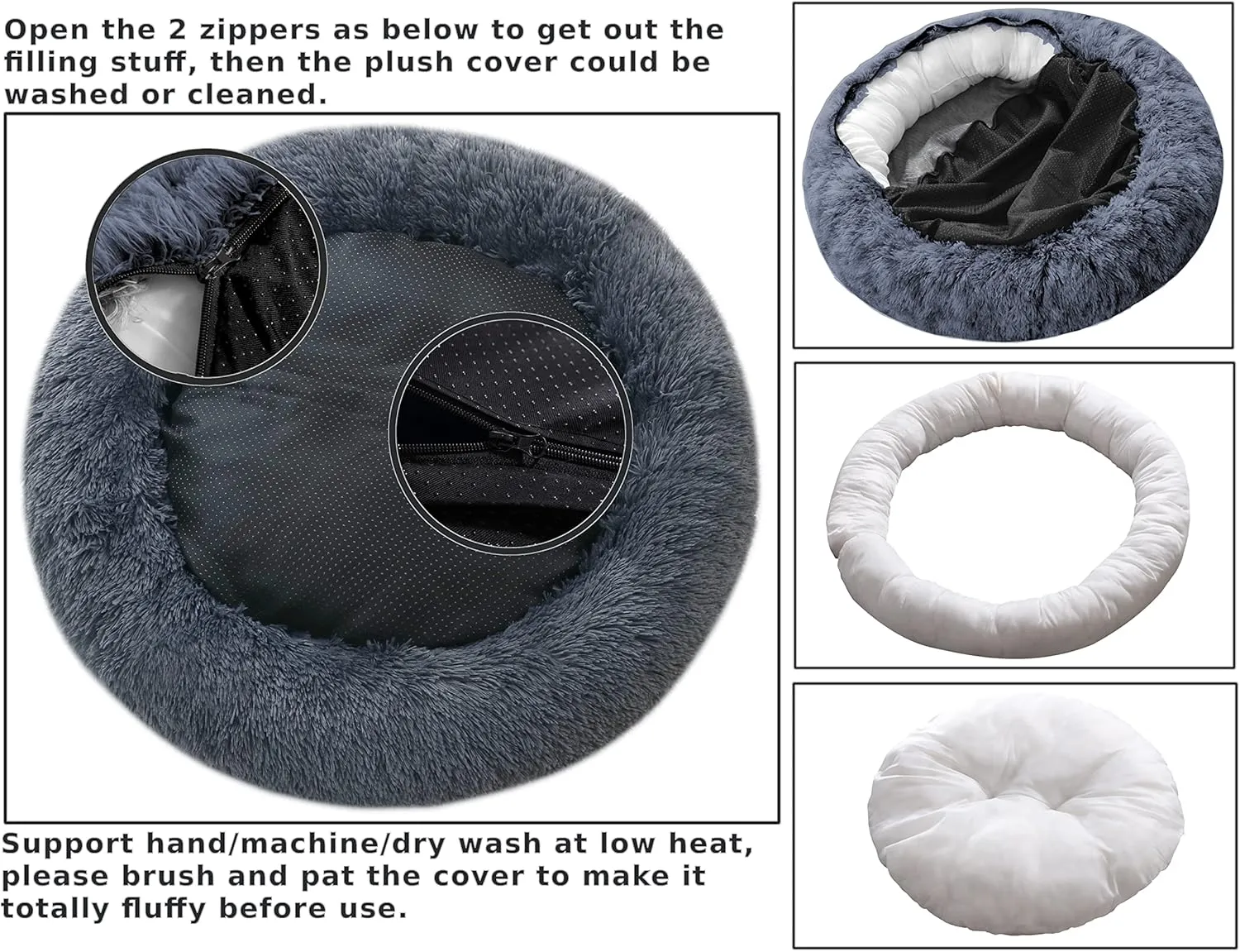 Calming Donut Dog Beds, 32 inches Round Cushion with Removable Washable Cover, Anti-Anxiety Faux Fur Cuddler, Fluffy Comfy Furry Pet Bed (Dark-Grey, 32")