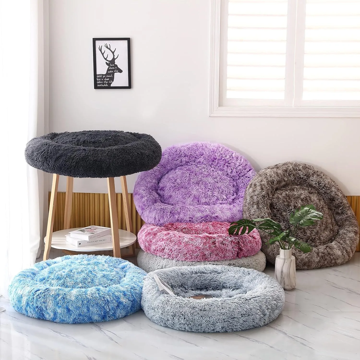 Calming Donut Dog Beds, 32 inches Round Cushion with Removable Washable Cover, Anti-Anxiety Faux Fur Cuddler, Fluffy Comfy Furry Pet Bed (Dark-Grey, 32")