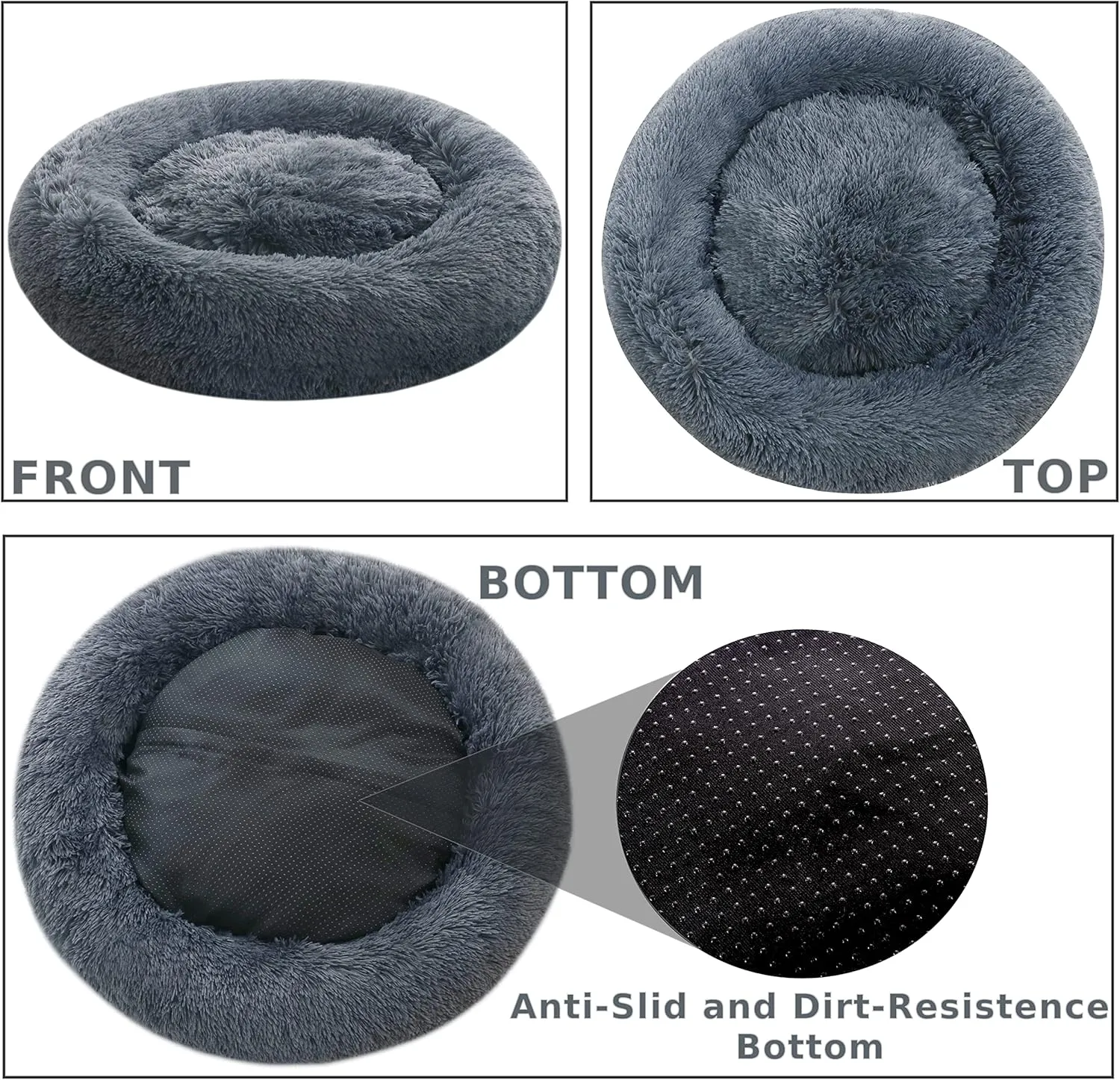Calming Donut Dog Beds, 32 inches Round Cushion with Removable Washable Cover, Anti-Anxiety Faux Fur Cuddler, Fluffy Comfy Furry Pet Bed (Dark-Grey, 32")