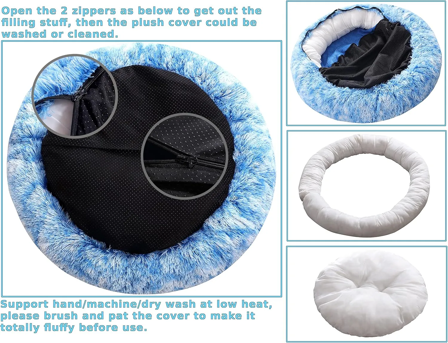 Calming Donut Dog Beds, 39 inches Round Cushion with Removable Washable Cover, Anti-Anxiety Faux Fur Cuddler, Fluffy Comfy Furry Pet Bed (Blue, 39")