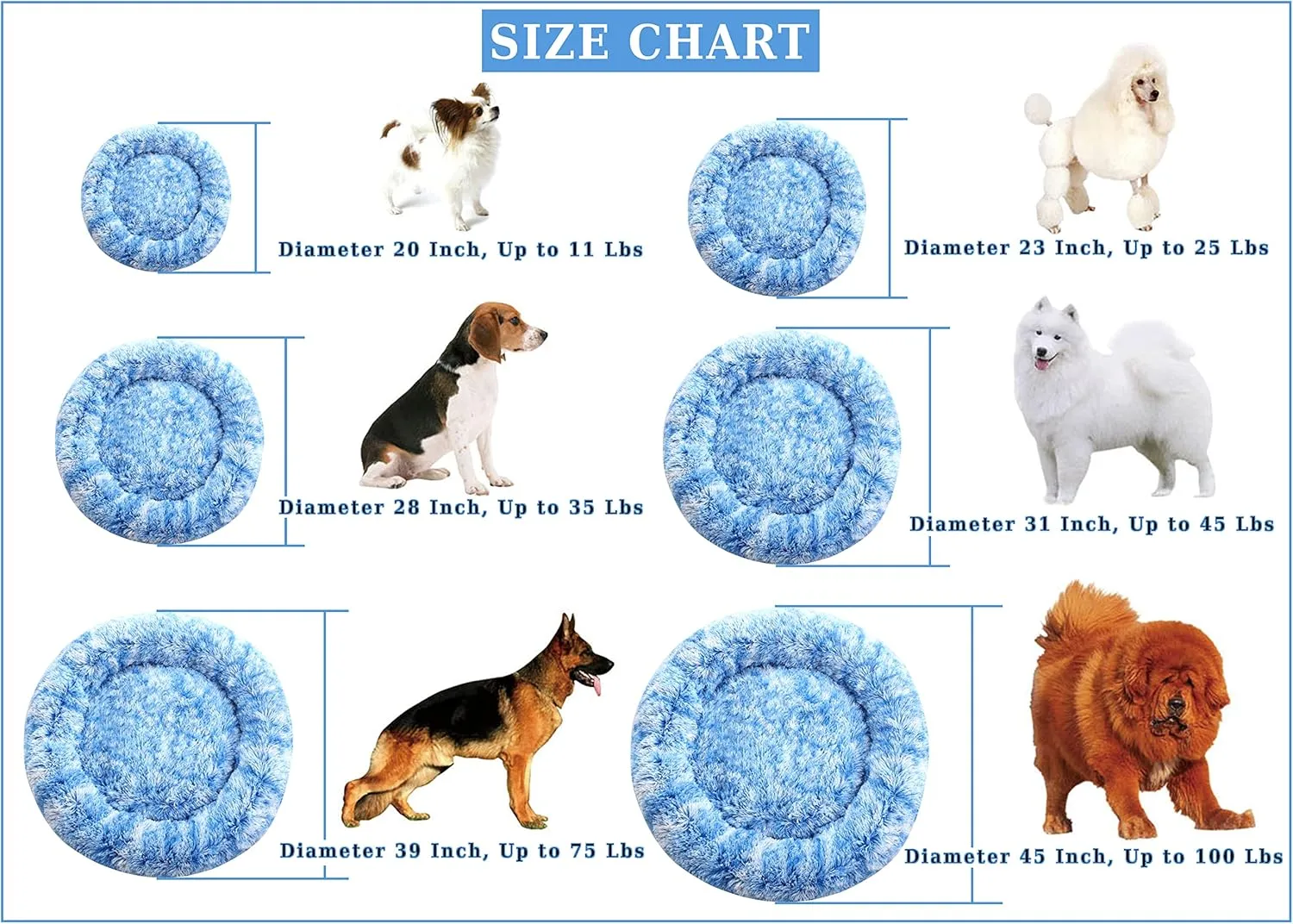 Calming Donut Dog Beds, 39 inches Round Cushion with Removable Washable Cover, Anti-Anxiety Faux Fur Cuddler, Fluffy Comfy Furry Pet Bed (Blue, 39")