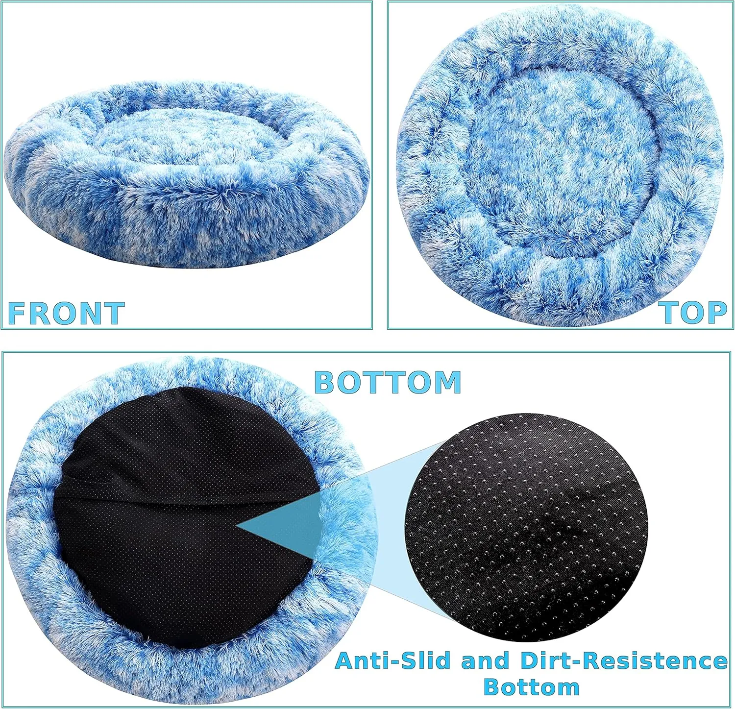 Calming Donut Dog Beds, 39 inches Round Cushion with Removable Washable Cover, Anti-Anxiety Faux Fur Cuddler, Fluffy Comfy Furry Pet Bed (Blue, 39")