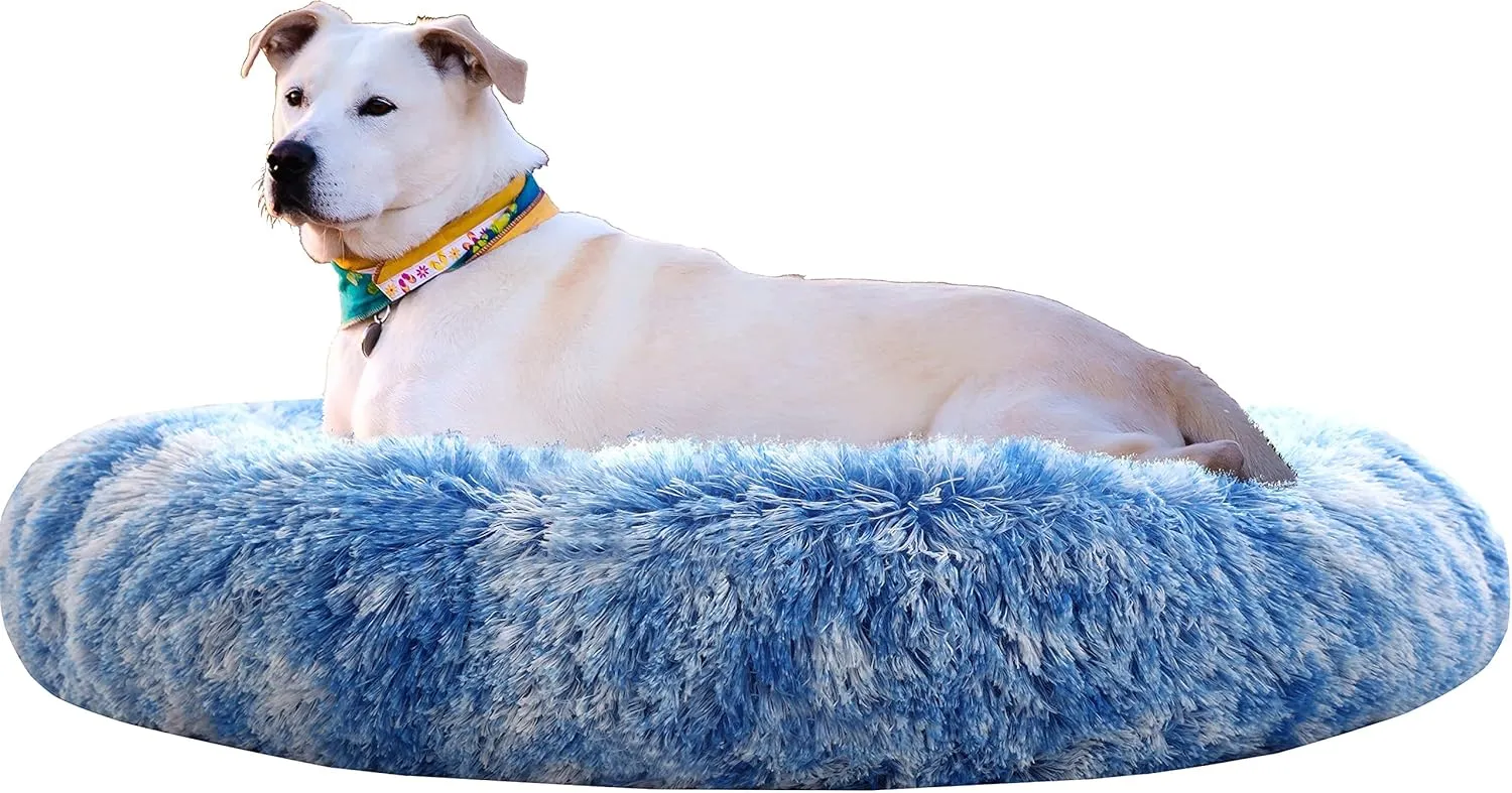 Calming Donut Dog Beds, 39 inches Round Cushion with Removable Washable Cover, Anti-Anxiety Faux Fur Cuddler, Fluffy Comfy Furry Pet Bed (Blue, 39")