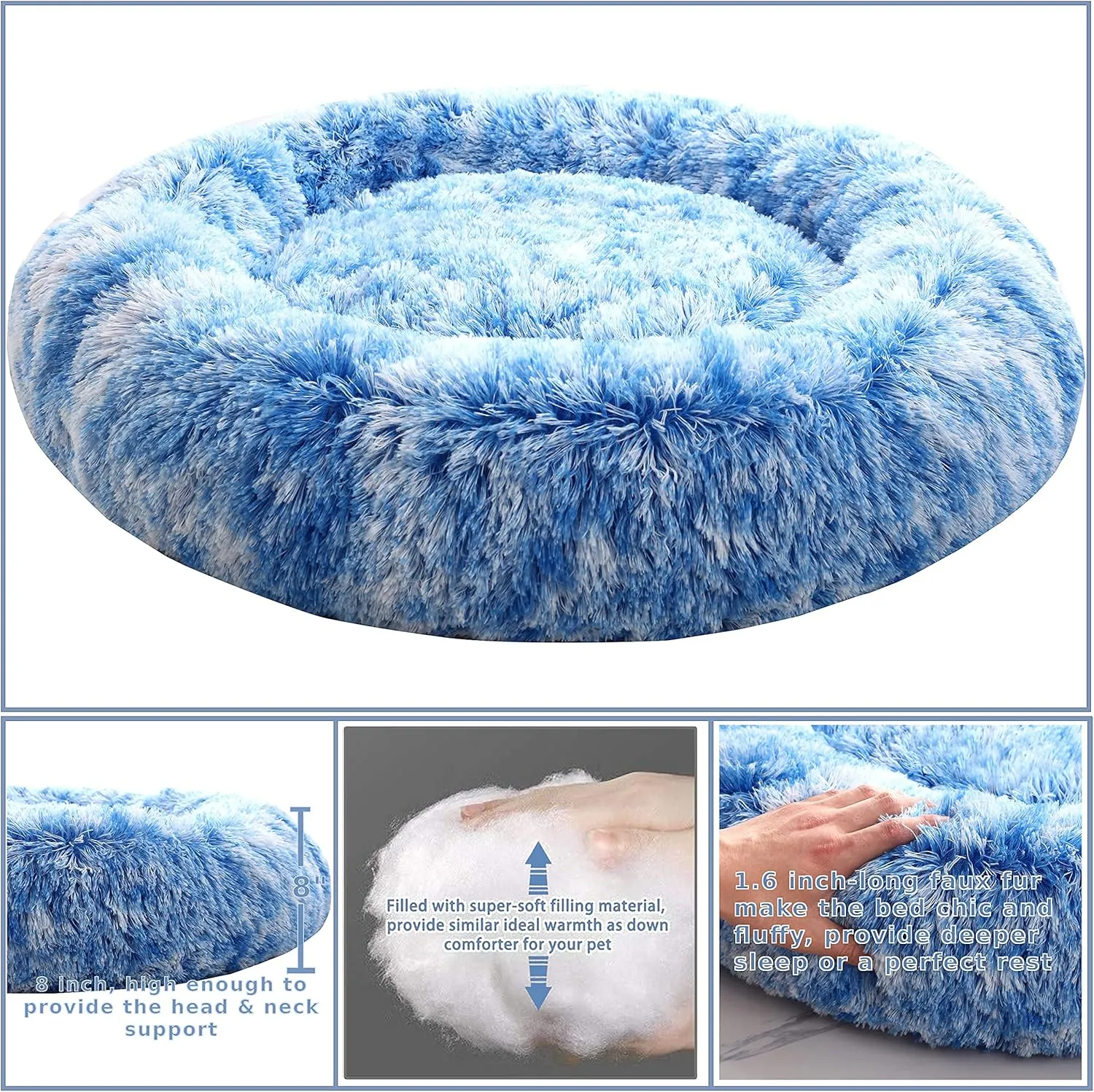 Calming Donut Dog Beds, 39 inches Round Cushion with Removable Washable Cover, Anti-Anxiety Faux Fur Cuddler, Fluffy Comfy Furry Pet Bed (Blue, 39")