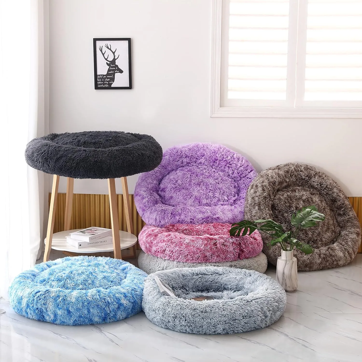 Calming Donut Dog Beds, 39 inches Round Cushion with Removable Washable Cover, Anti-Anxiety Faux Fur Cuddler, Fluffy Comfy Furry Pet Bed (Blue, 39")