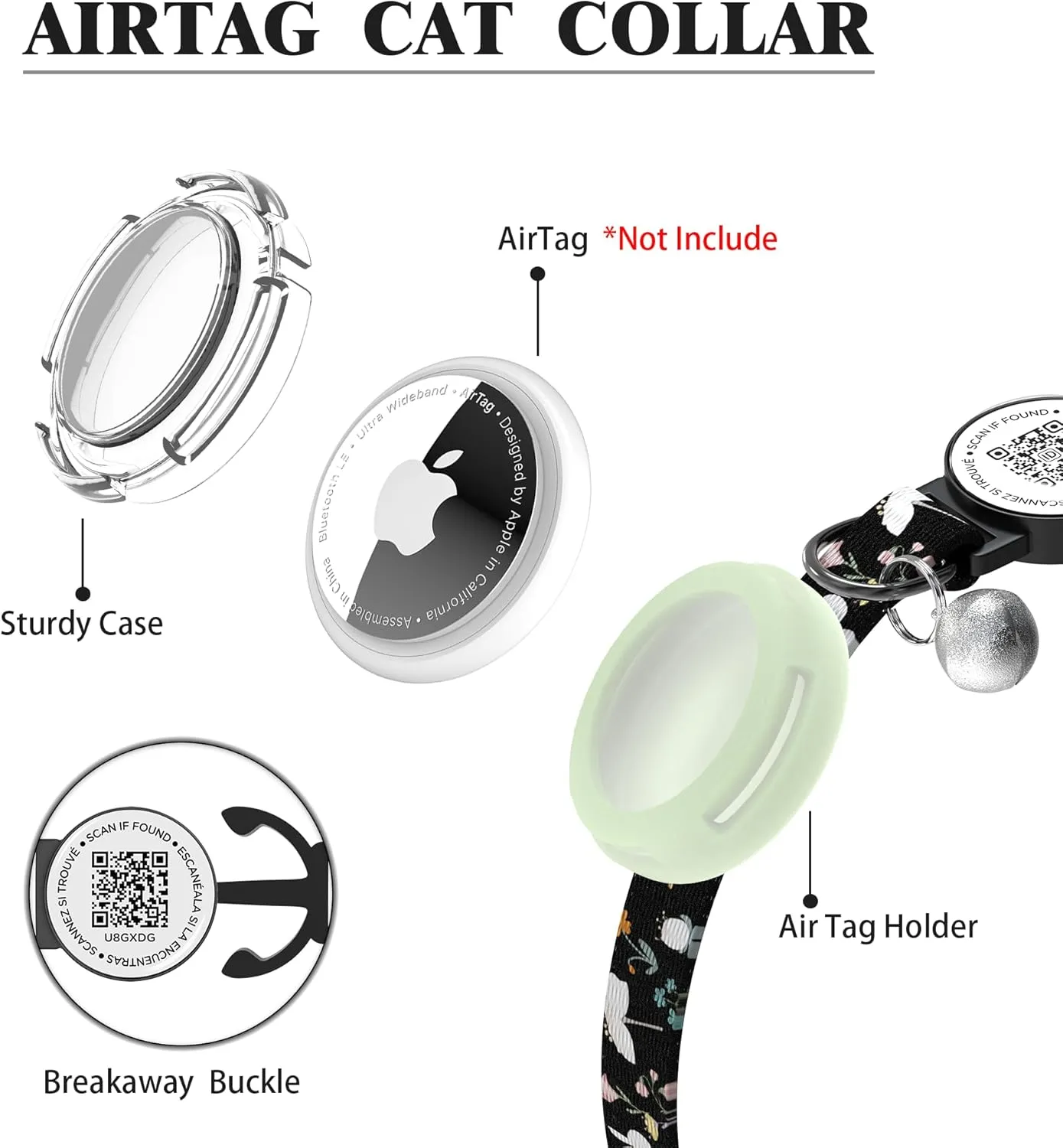 Cat Collar with Airtag Holder, Breakaway Design, Bells, QR Code Tag, Luminous Air Tag Holder,Lightweight & Adjustable (Black)