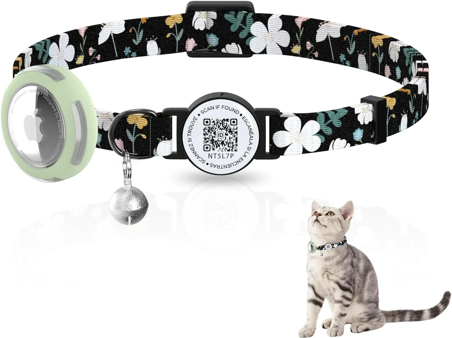 Cat Collar with Airtag Holder, Breakaway Design, Bells, QR Code Tag, Luminous Air Tag Holder,Lightweight & Adjustable (Black)