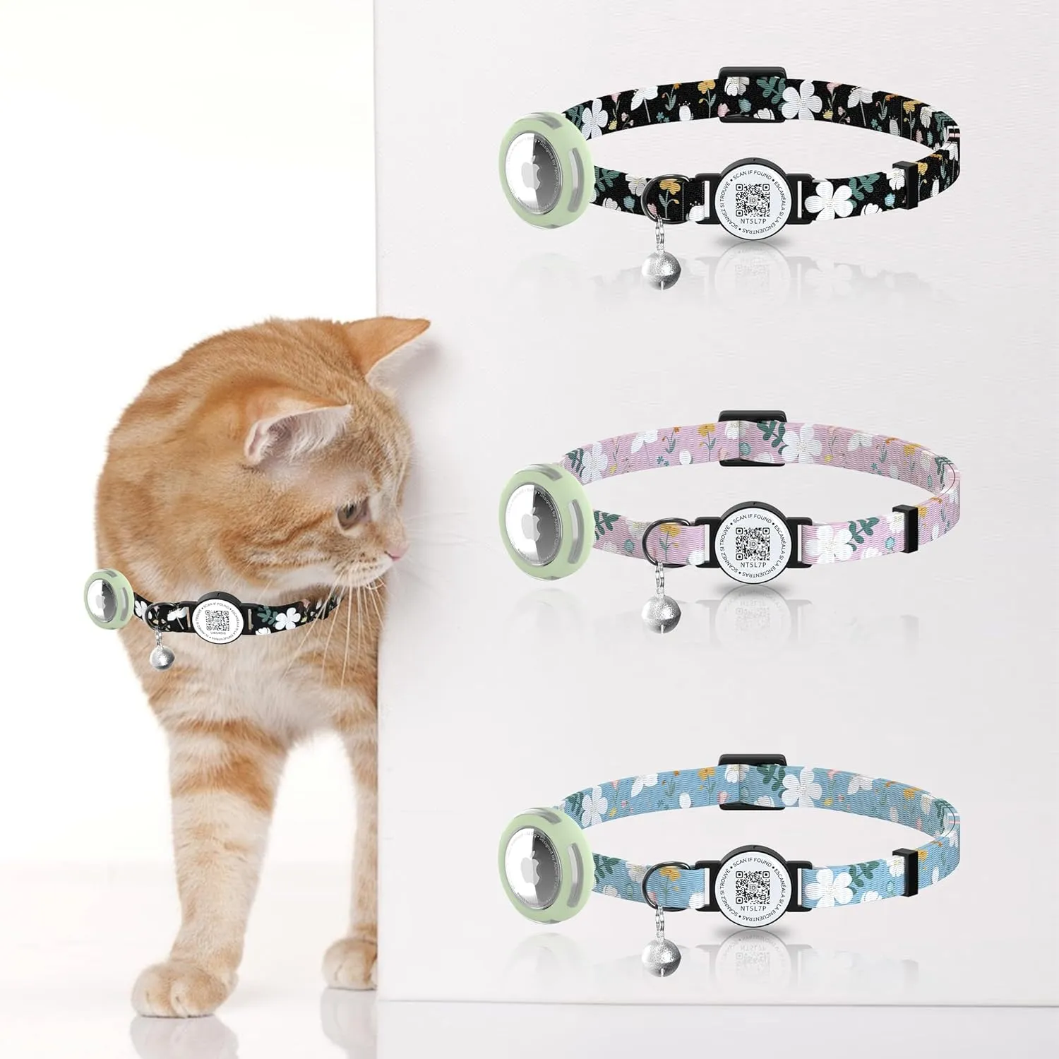 Cat Collar with Airtag Holder, Breakaway Design, Bells, QR Code Tag, Luminous Air Tag Holder,Lightweight & Adjustable (Black)