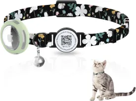 Cat Collar with Airtag Holder, Breakaway Design, Bells, QR Code Tag, Luminous Air Tag Holder,Lightweight & Adjustable (Black)
