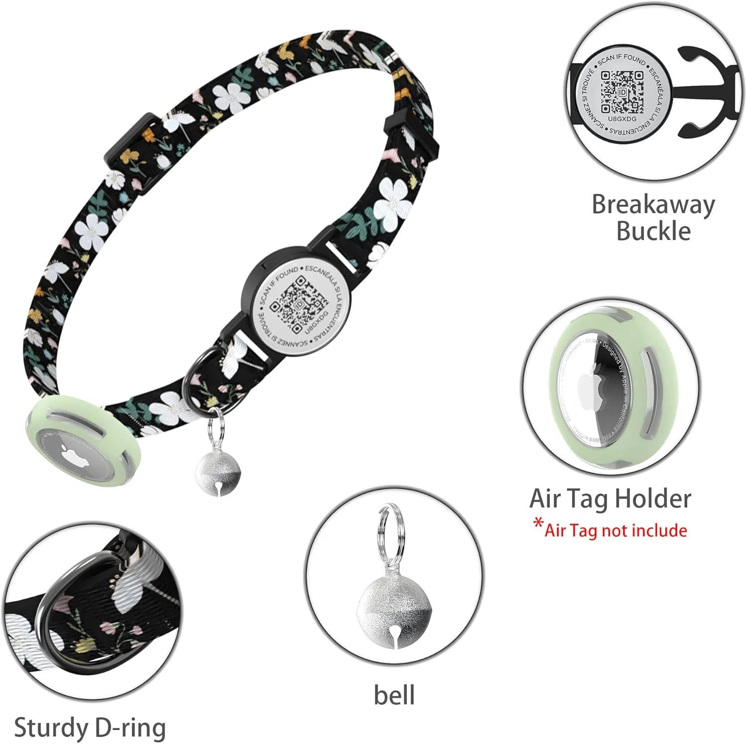 Cat Collar with Airtag Holder, Breakaway Design, Bells, QR Code Tag, Luminous Air Tag Holder,Lightweight & Adjustable (Black)