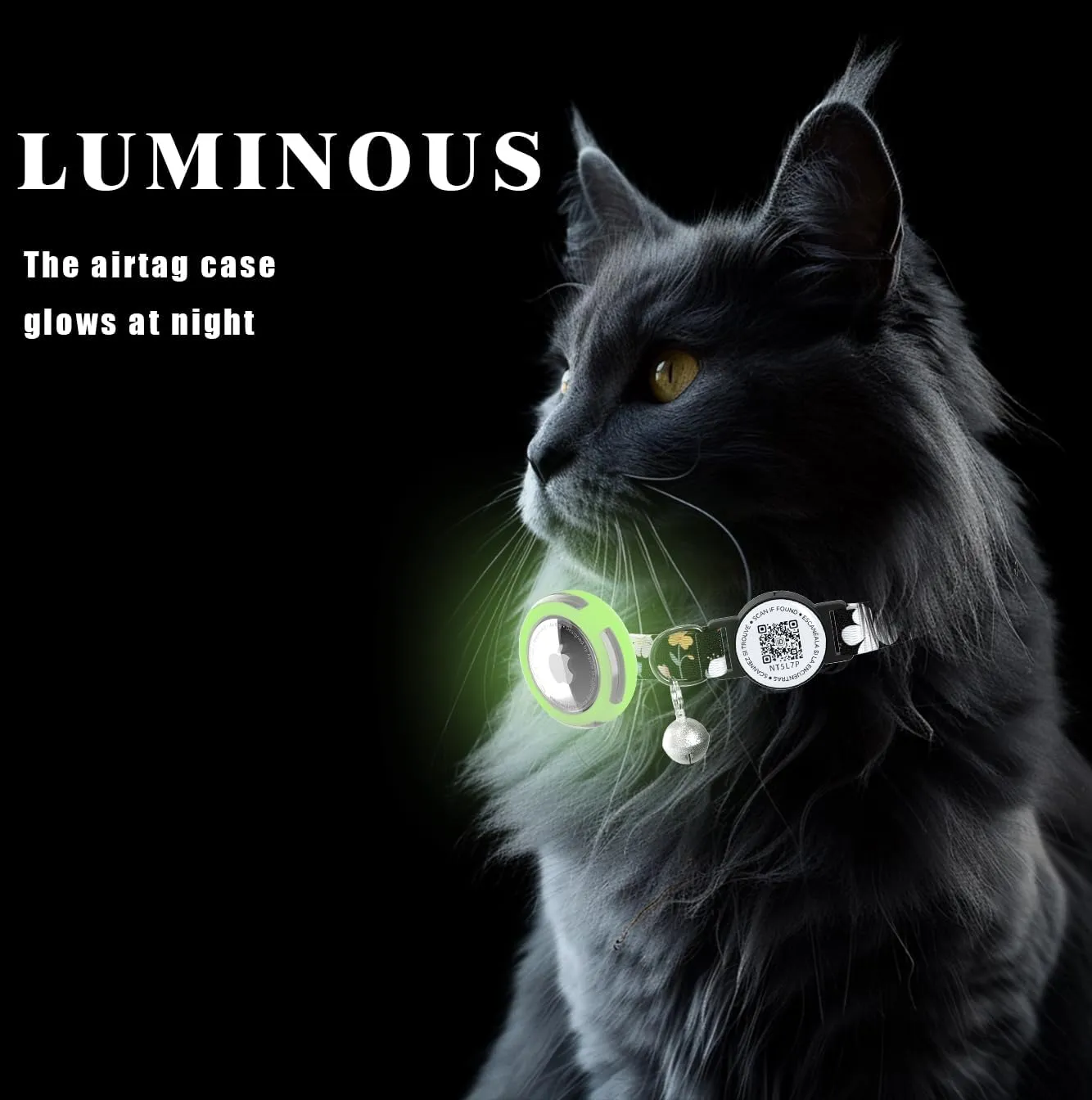 Cat Collar with Airtag Holder, Breakaway Design, Bells, QR Code Tag, Luminous Air Tag Holder,Lightweight & Adjustable (Black)