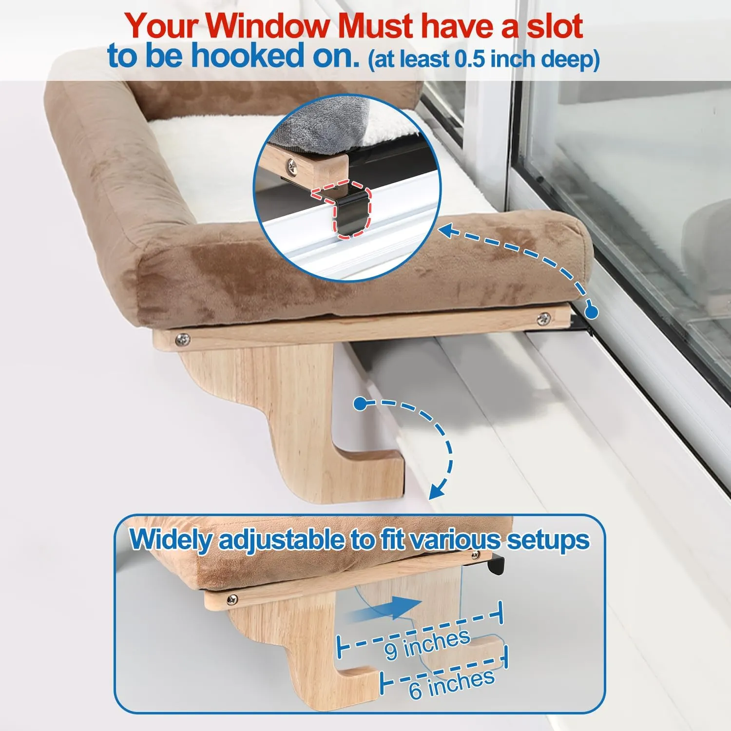 Cat Perch for Window Sill with Bolster - Orthopedic Hammock Design with Premium Hardwood & Robust Metal Frame - Cat Window Seat for Large Cats and Kittens - Dark Stained Wood with Brown Bed