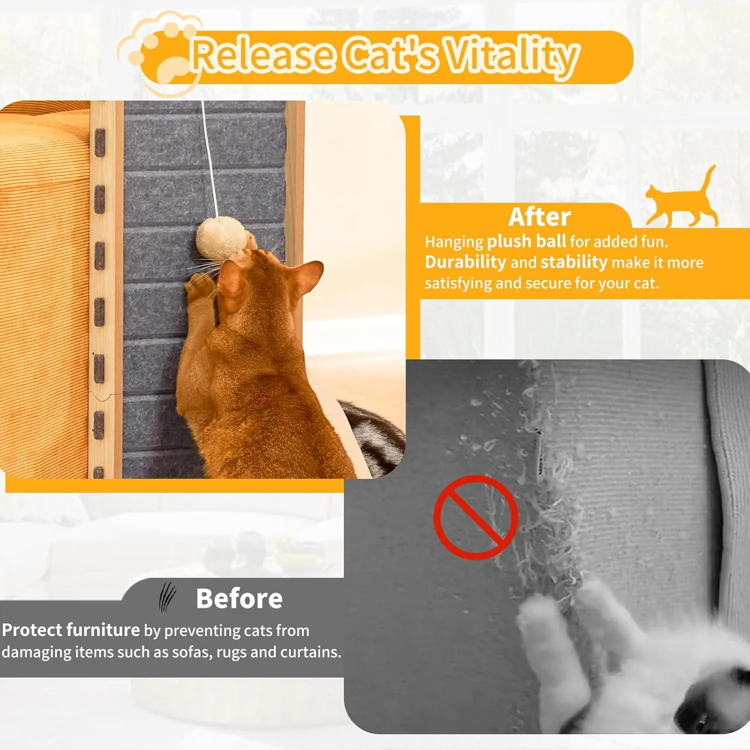 Cat Scratch Pad for Cats Adults Felt Cat Scratcher Mat Cat Scratching Board Scratchers for Large Cat Scratch Furniture Protector with Ball Kitten Toys L Shape 26.8 Inch Grey