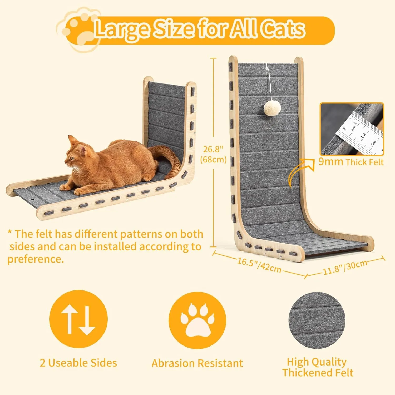 Cat Scratch Pad for Cats Adults Felt Cat Scratcher Mat Cat Scratching Board Scratchers for Large Cat Scratch Furniture Protector with Ball Kitten Toys L Shape 26.8 Inch Grey