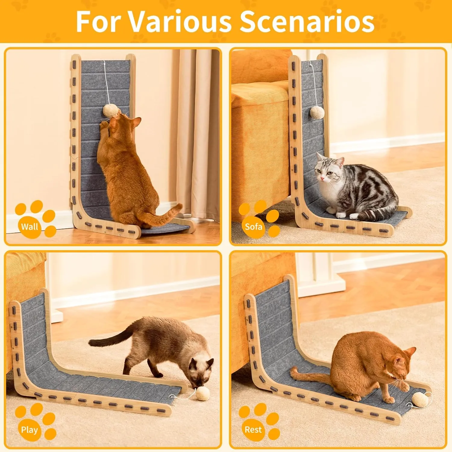 Cat Scratch Pad for Cats Adults Felt Cat Scratcher Mat Cat Scratching Board Scratchers for Large Cat Scratch Furniture Protector with Ball Kitten Toys L Shape 26.8 Inch Grey