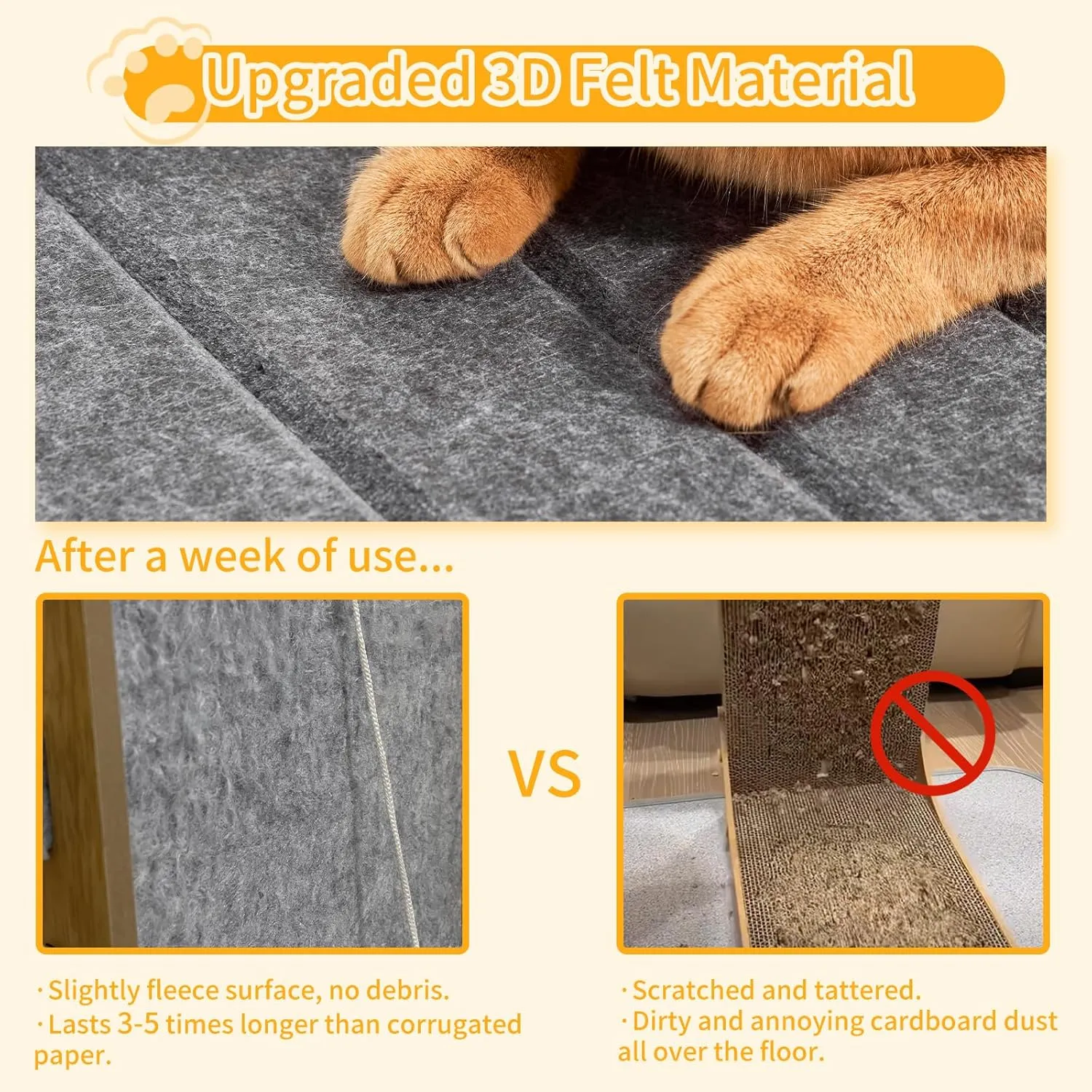 Cat Scratch Pad for Cats Adults Felt Cat Scratcher Mat Cat Scratching Board Scratchers for Large Cat Scratch Furniture Protector with Ball Kitten Toys L Shape 26.8 Inch Grey