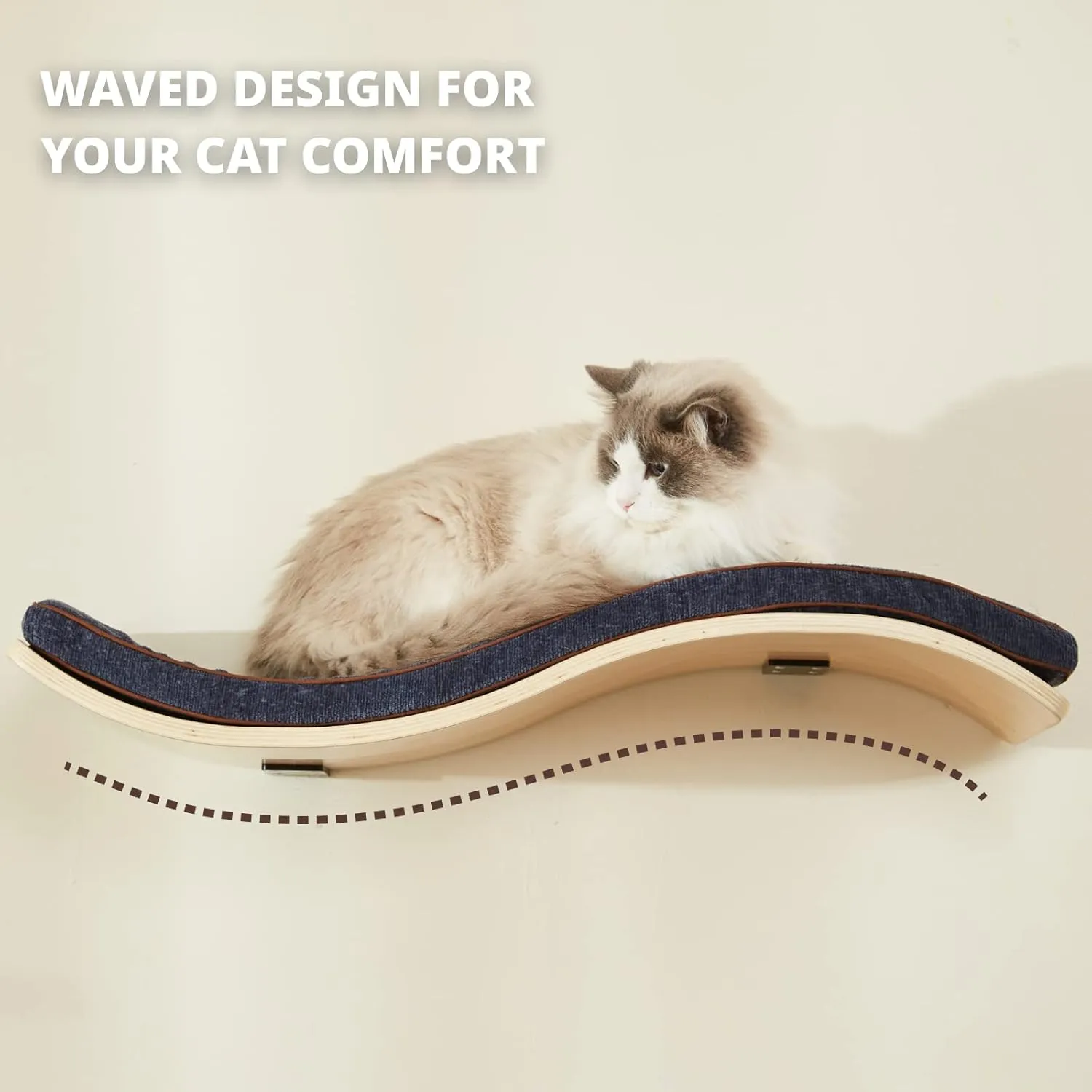 Cat Shelf with Comfortable Cushion - Wave Modern Cat Bed - Minimalistic Floating Cats Wall Perch - Wooden Wall Mounted Cats Furniture for Sleeping, Playing, Climbing, and Lounging