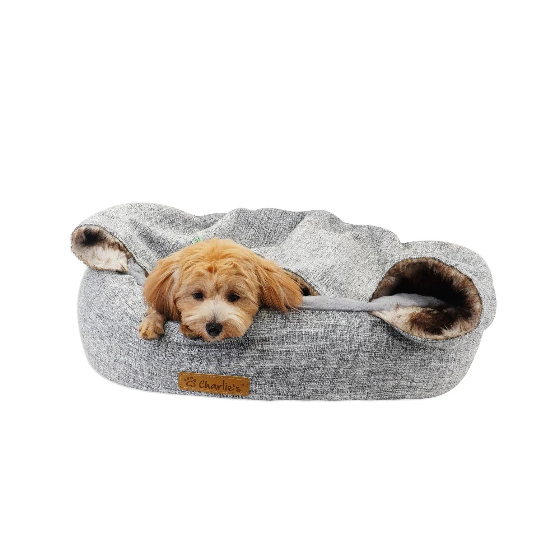 Charlie’s – Snookie Hooded Pet Bed – Faux Wolf Fur & Linen – Light Grey