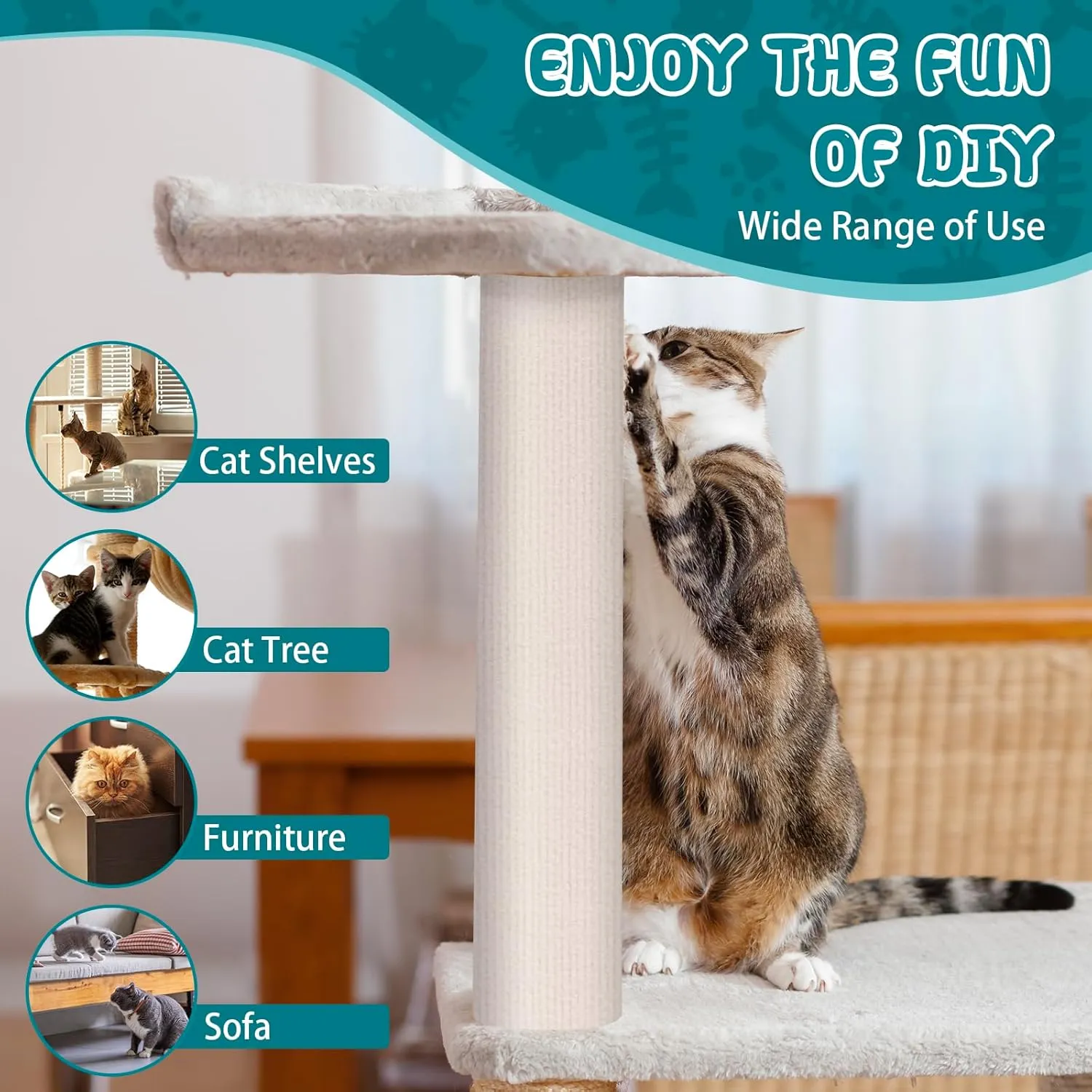 Climbing Cat Scratcher Mat Trimmable Cat Scratching Post Carpet 78.7x15.8 Self Adhesive Carpet Mat Pad Replacement for Cat Tree Shelves Post Couch Wall Furniture Steps DIY Protector (Cream White)