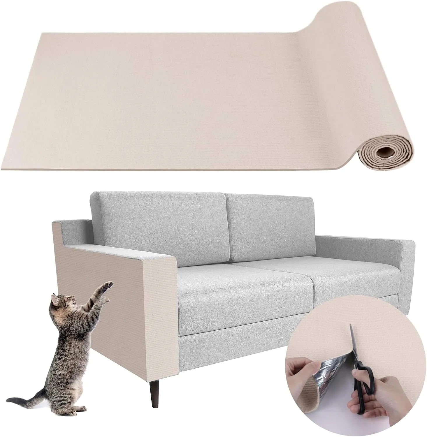 Climbing Cat Scratcher Mat Trimmable Cat Scratching Post Carpet 78.7x15.8 Self Adhesive Carpet Mat Pad Replacement for Cat Tree Shelves Post Couch Wall Furniture Steps DIY Protector (Cream White)