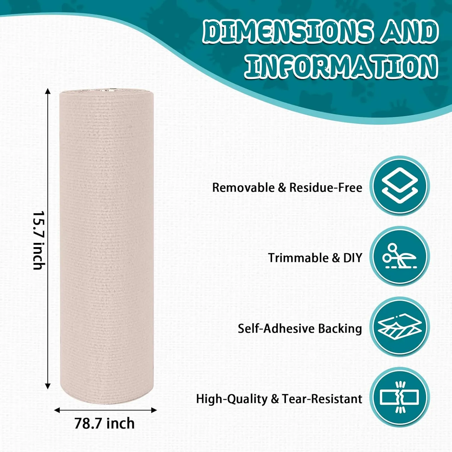 Climbing Cat Scratcher Mat Trimmable Cat Scratching Post Carpet 78.7x15.8 Self Adhesive Carpet Mat Pad Replacement for Cat Tree Shelves Post Couch Wall Furniture Steps DIY Protector (Cream White)