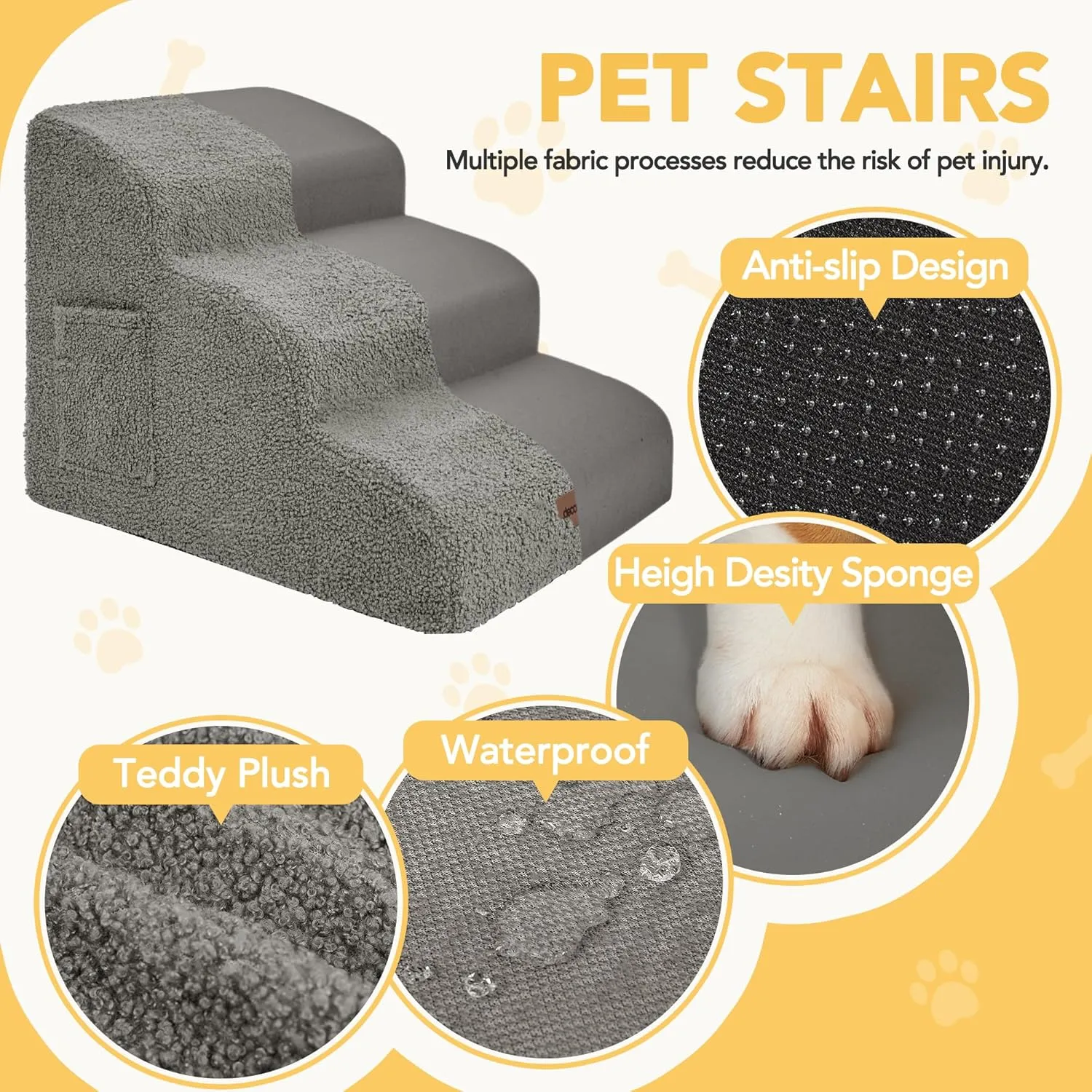 Deconovo Foam Dog Stairs for Small Pets  Washable Cover, Non-Slip Base, Lightweight & Sturdy Step Ramp for Bed & Sofa, 15.7" H, 3-Step, Light Gray