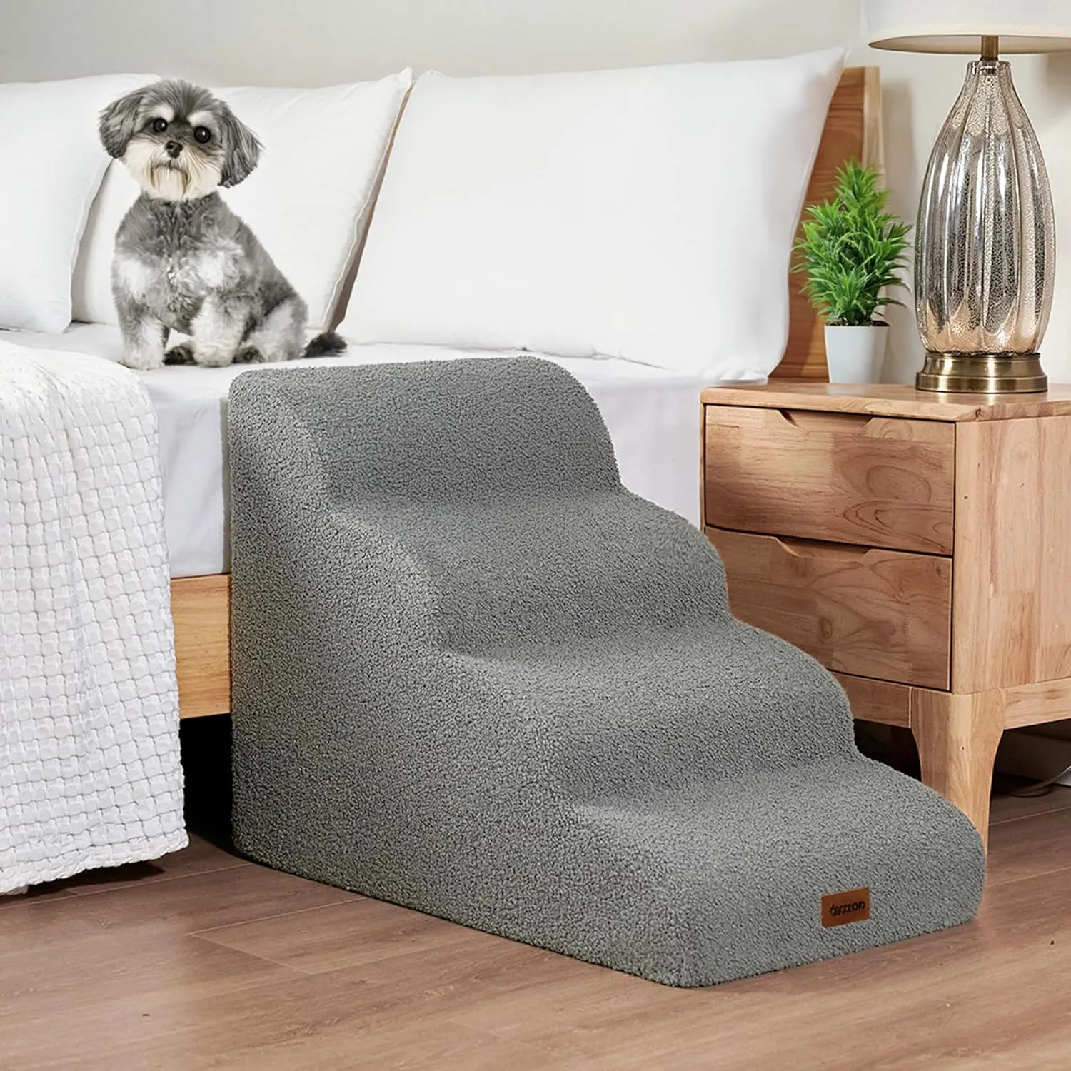 Deconovo Foam Dog Stairs for Small Pets  Washable Cover, Non-Slip Base, Lightweight & Sturdy Step Ramp for Bed & Sofa, 15.7" H, 3-Step, Light Gray