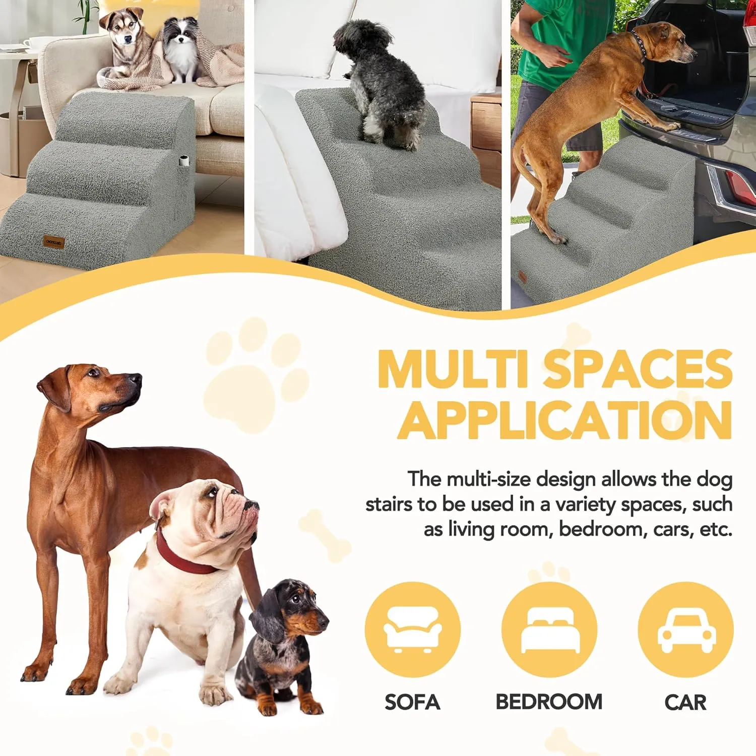 Deconovo Foam Dog Stairs for Small Pets  Washable Cover, Non-Slip Base, Lightweight & Sturdy Step Ramp for Bed & Sofa, 15.7" H, 3-Step, Light Gray
