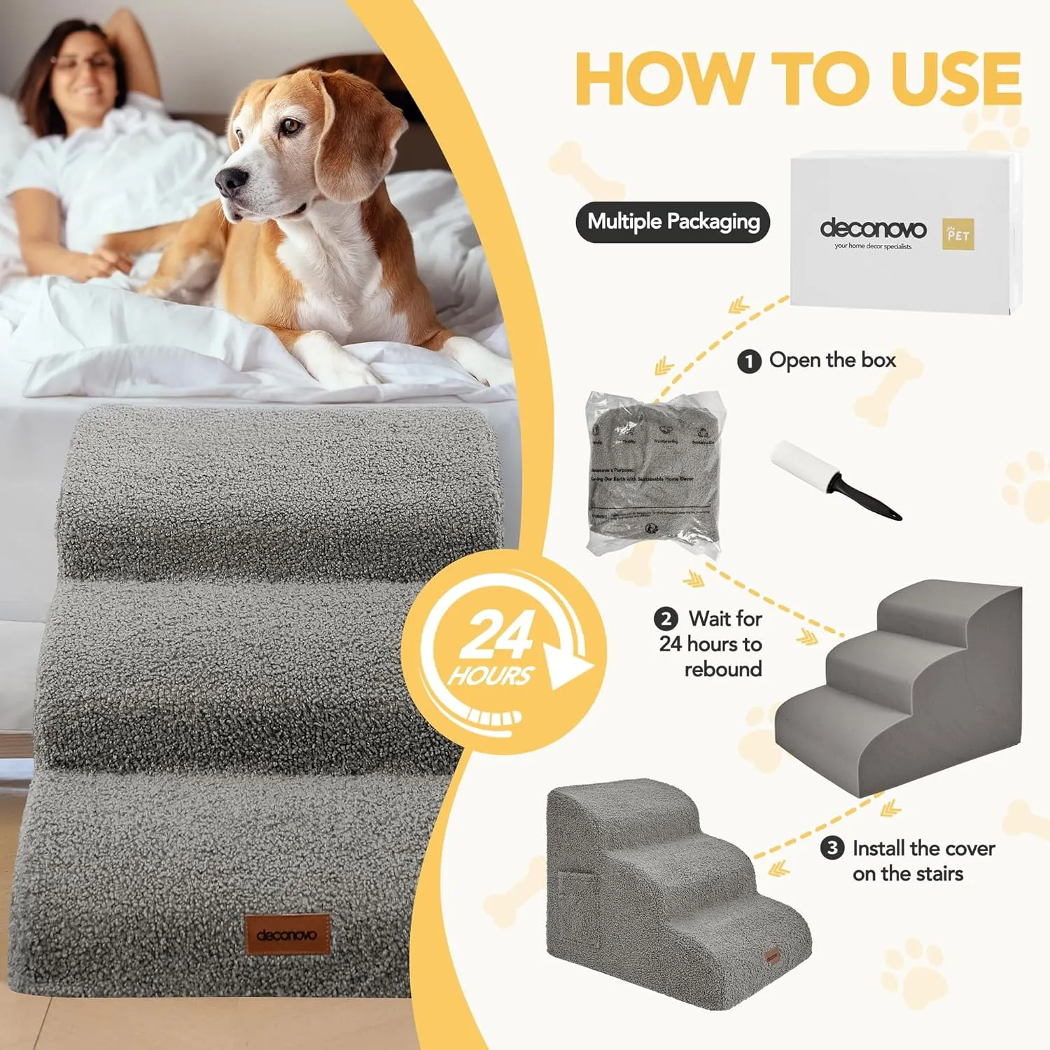 Deconovo Foam Dog Stairs for Small Pets  Washable Cover, Non-Slip Base, Lightweight & Sturdy Step Ramp for Bed & Sofa, 15.7" H, 3-Step, Light Gray