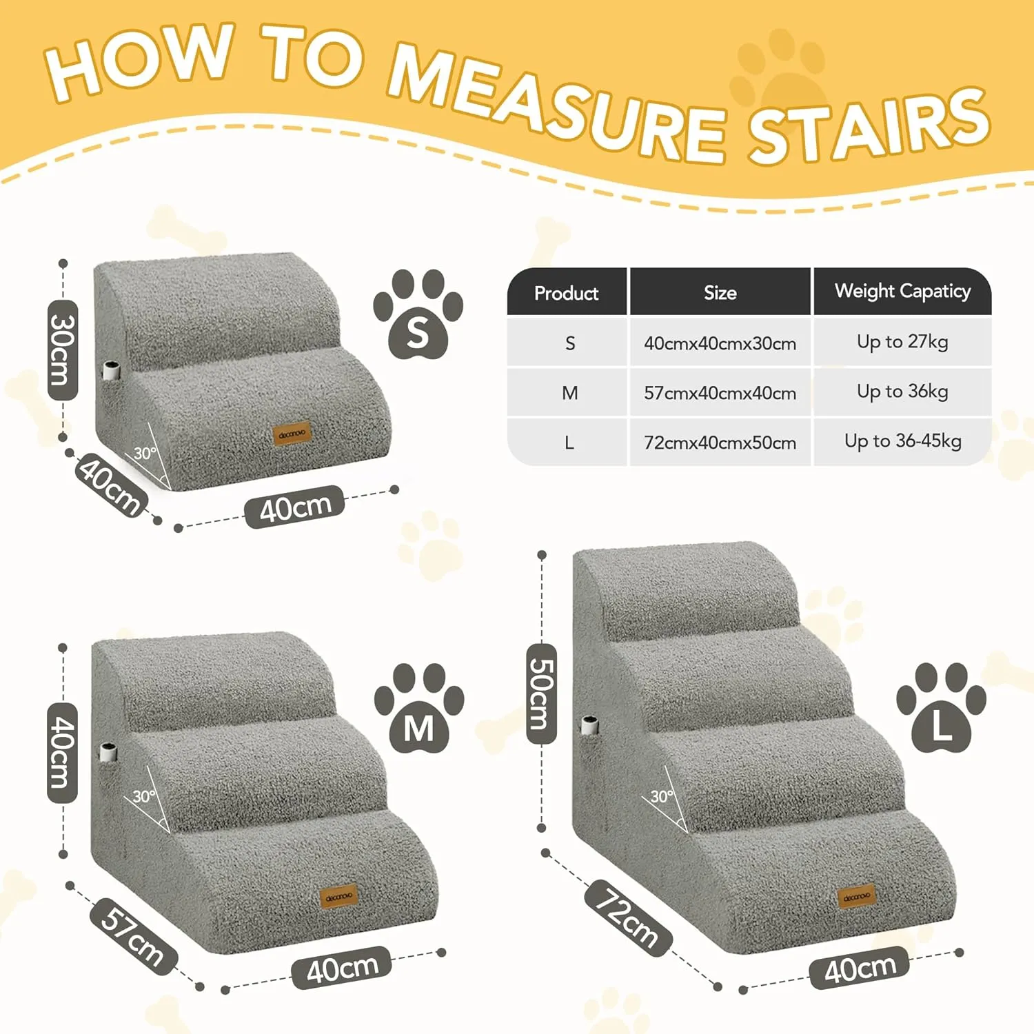Deconovo Foam Dog Stairs for Small Pets  Washable Cover, Non-Slip Base, Lightweight & Sturdy Step Ramp for Bed & Sofa, 15.7" H, 3-Step, Light Gray