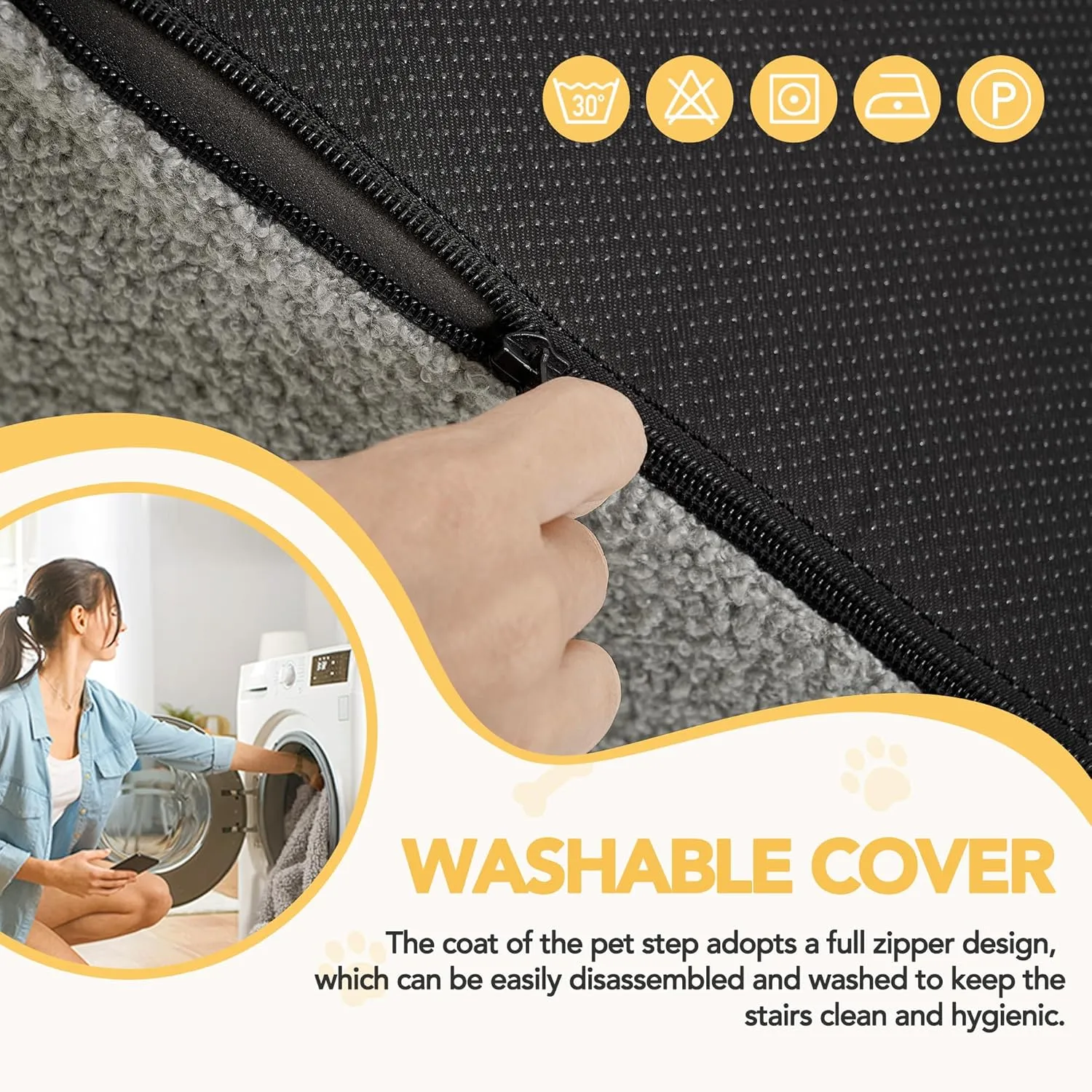 Deconovo Foam Dog Stairs for Small Pets  Washable Cover, Non-Slip Base, Lightweight & Sturdy Step Ramp for Bed & Sofa, 15.7" H, 3-Step, Light Gray
