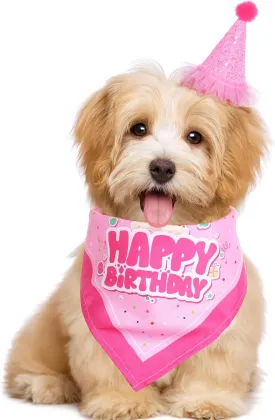 Dog Birthday Bandana Scarf and Hat with Number for Dog Birthday Party (Pink)